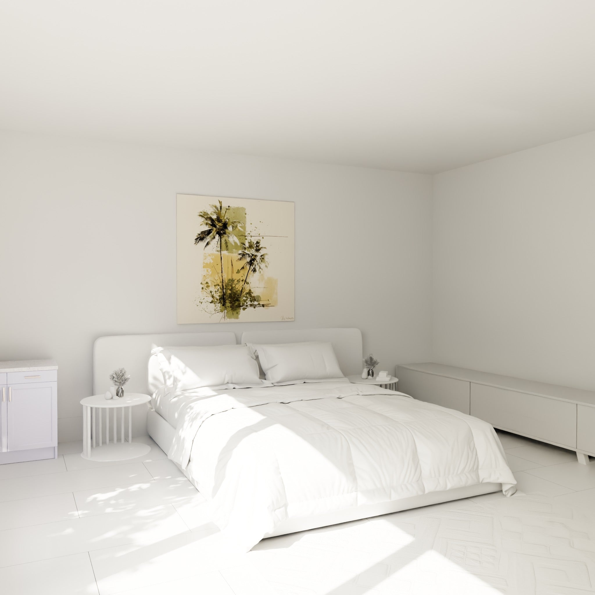 Deux palmiers verts et ocre en composition graphique, accrochés au-dessus d'un lit dans une chambre claire