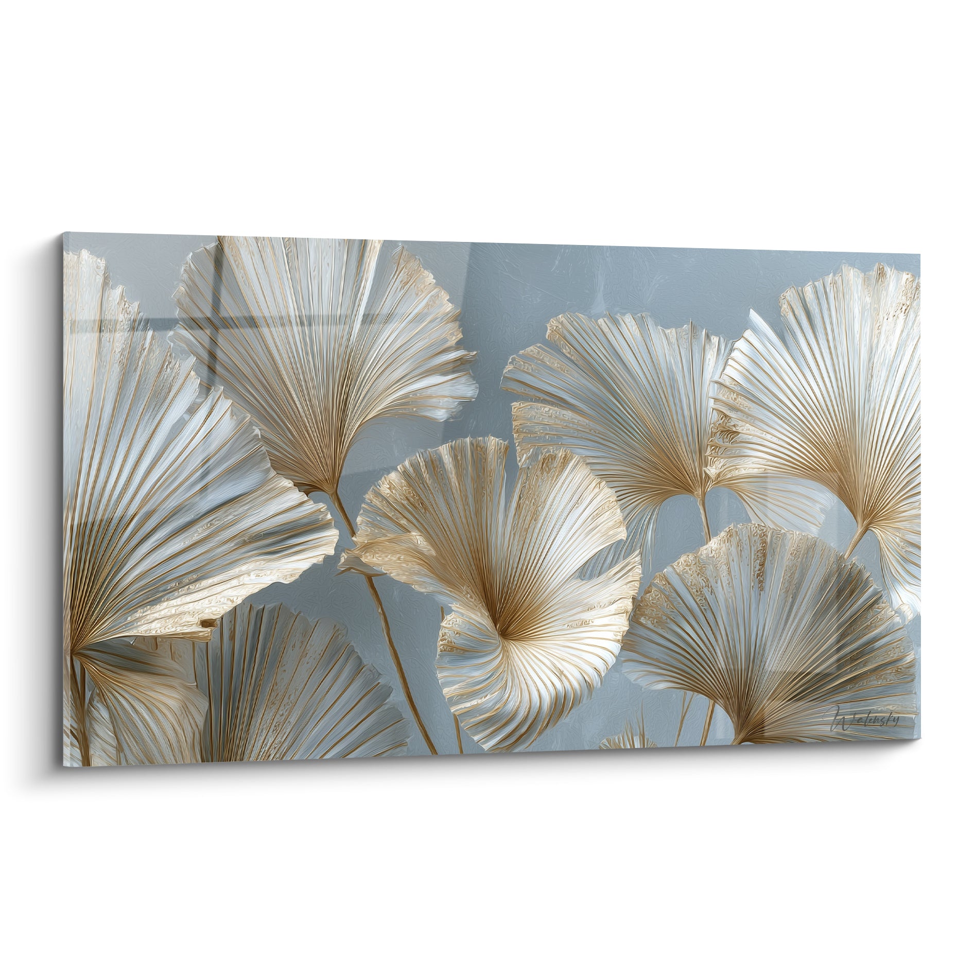 Palmier aux feuilles éventail dorées et bleu gris, composition en éventails superposés et texturés