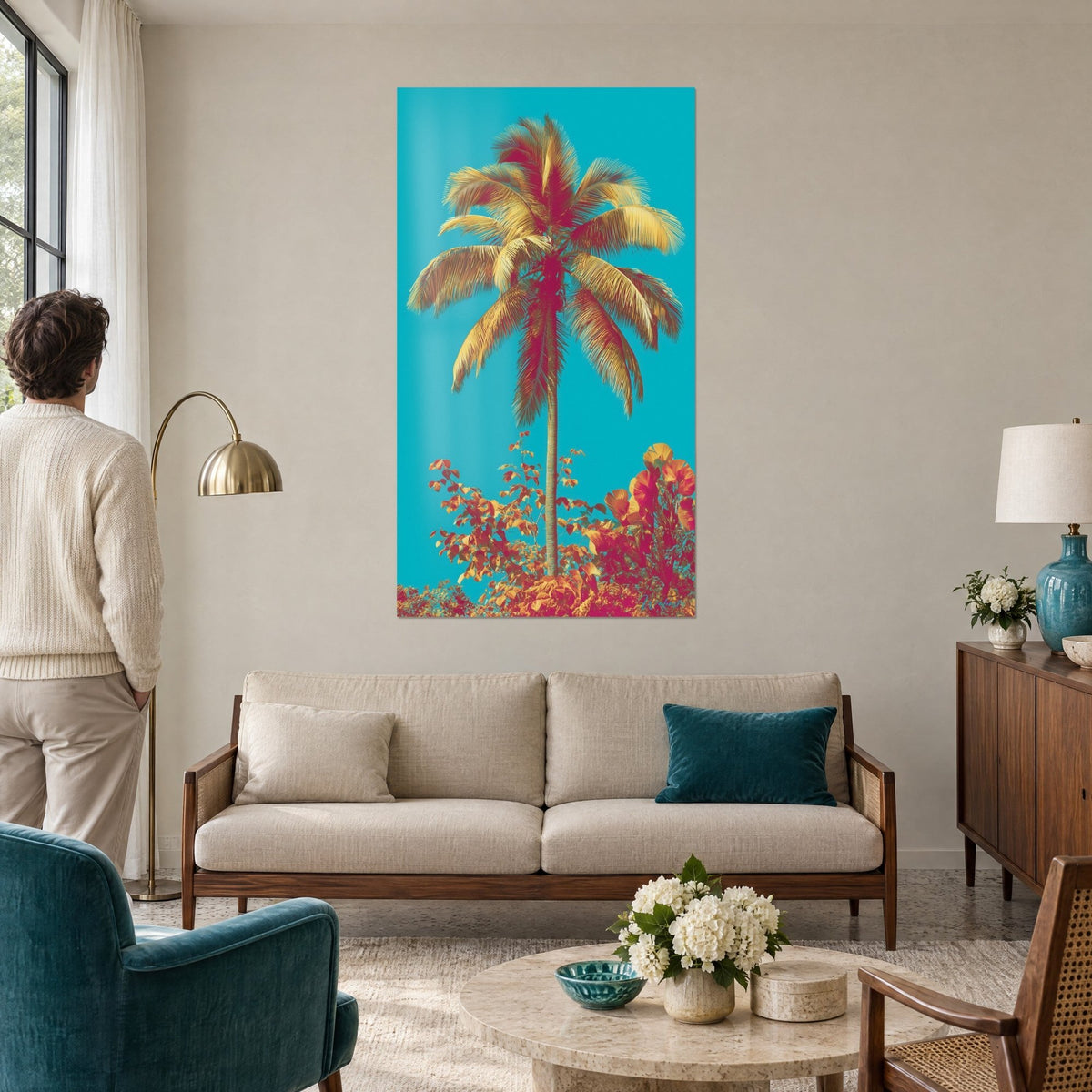 Schilderij met kokospalm met honinggele en fuchsia bladeren tegen een turquoise lucht, man van achteren, boven een bank in een lichte woonkamer