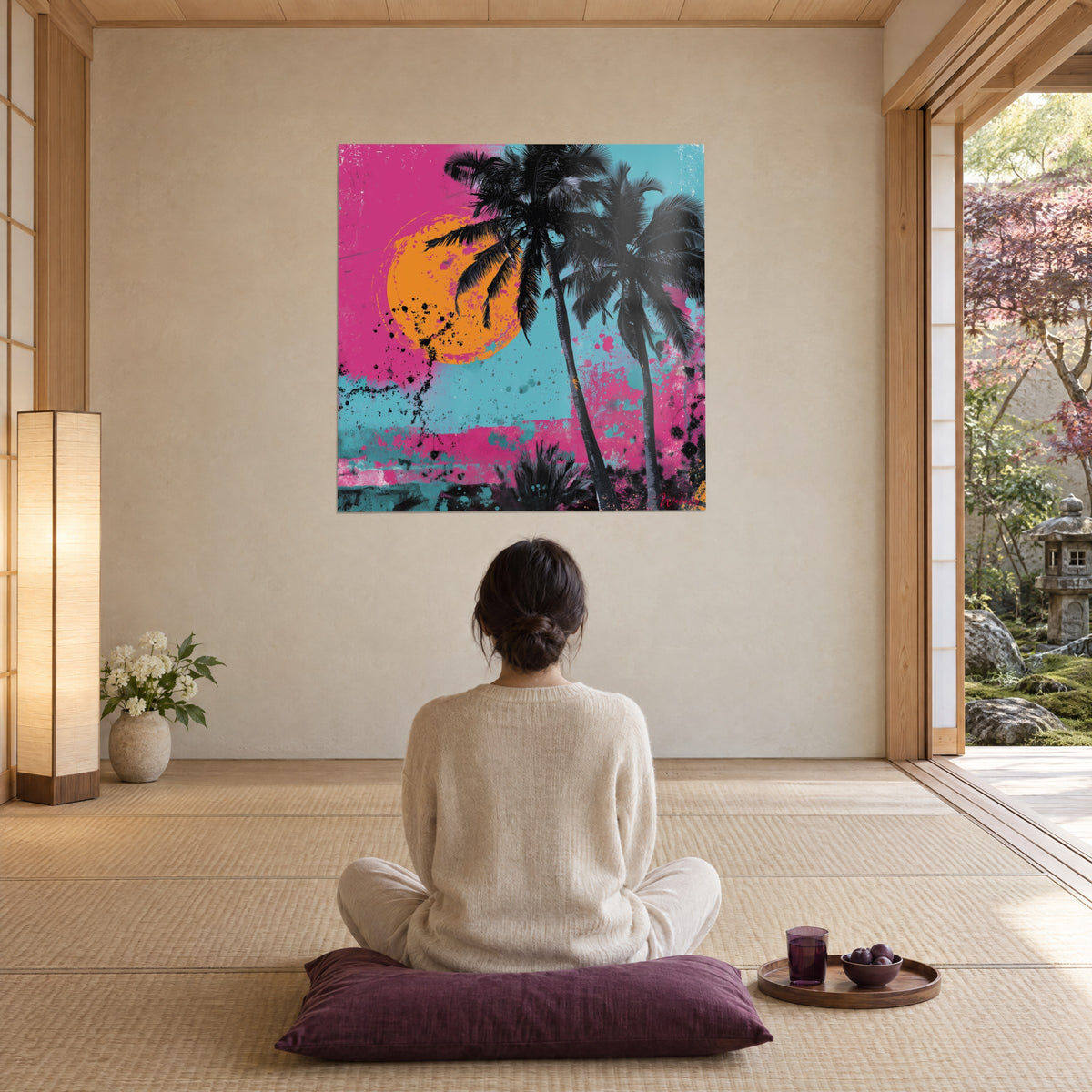 Cuadro de paisaje tropical pop: palmeras negras, gran sol naranja y destellos fucsia y turquesa, contemplado por una mujer de espaldas sobre un cojín ciruela
