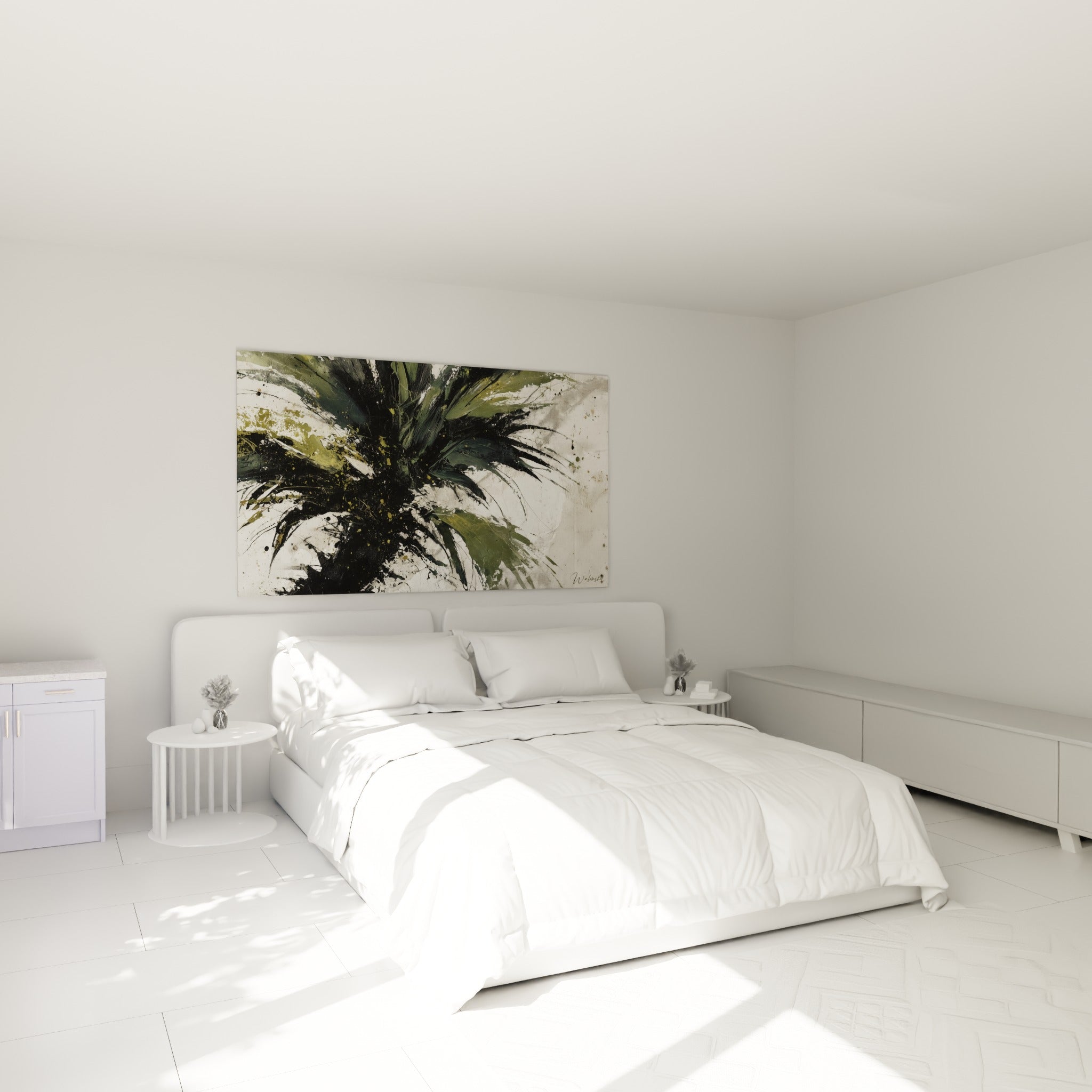 Feuillage noir anthracite et vert olive du Palmier au-dessus d'un lit dans une chambre claire