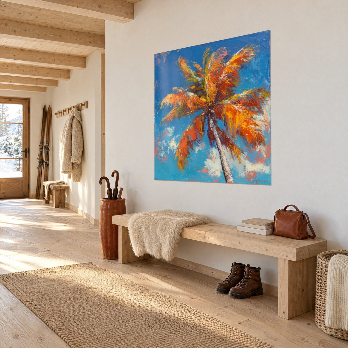 Wall art coconut palm seen from below, orange and yellow foliage against azure, hung near a wooden bench in the chalet entrance
