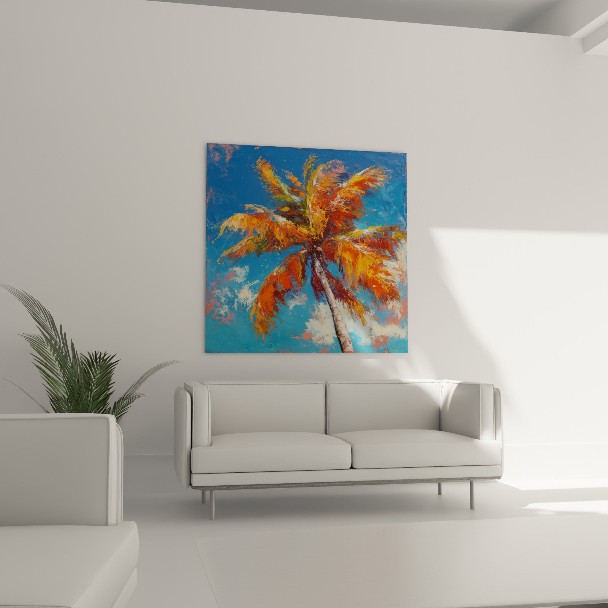 Feuillage ardent du palmier orange et bleu, suspendu au-dessus d'un canapé dans un salon lumineux