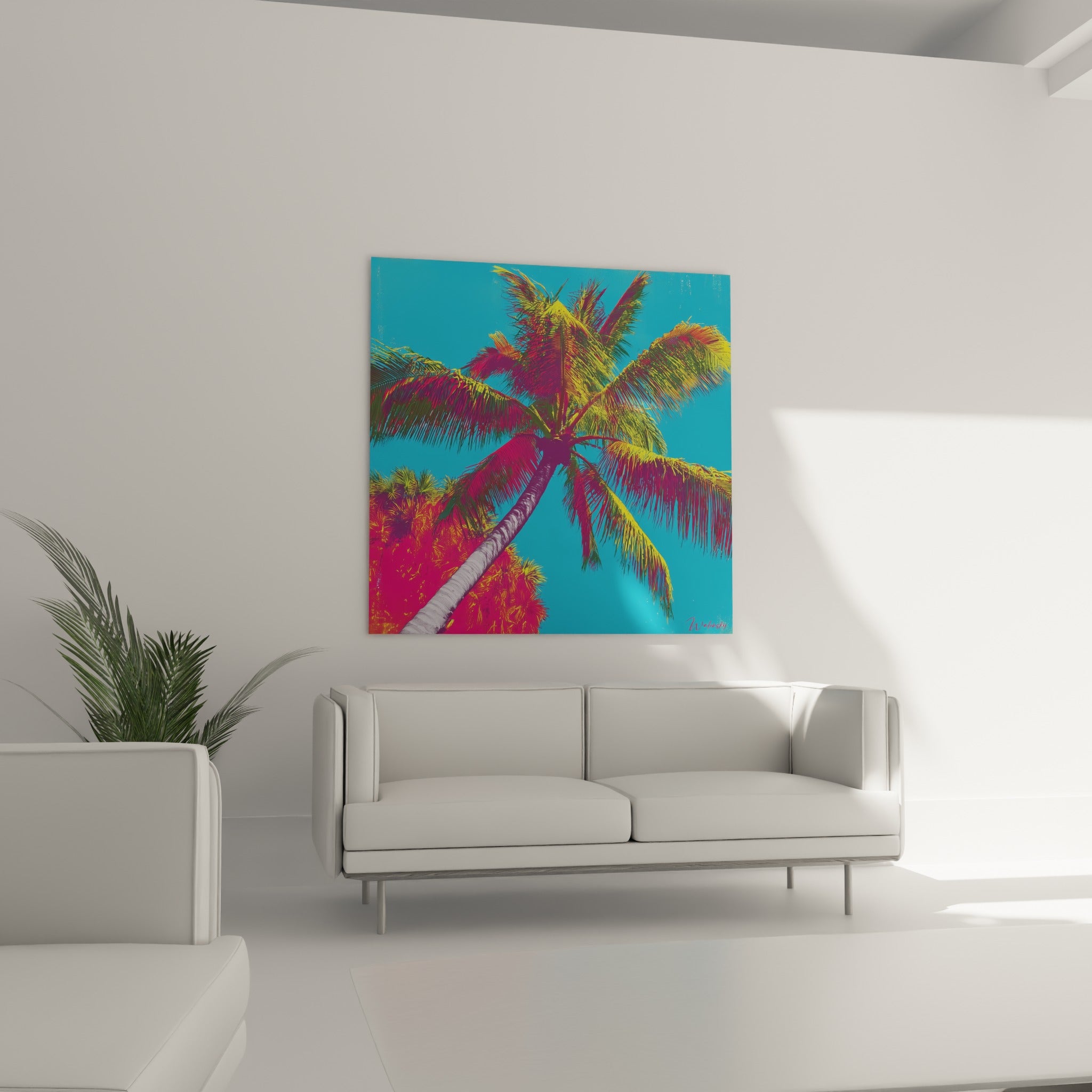 Feuillage de palmier jaune et fuchsia sur ciel turquoise, accroché au-dessus d'un canapé dans un salon lumineux