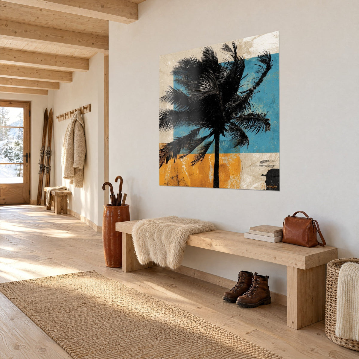 Quadro palma da cocco in silhouette d'inchiostro su sfondo azzurro cielo e giallo zafferano, parete bianca di uno chalet, panca in legno chiaro