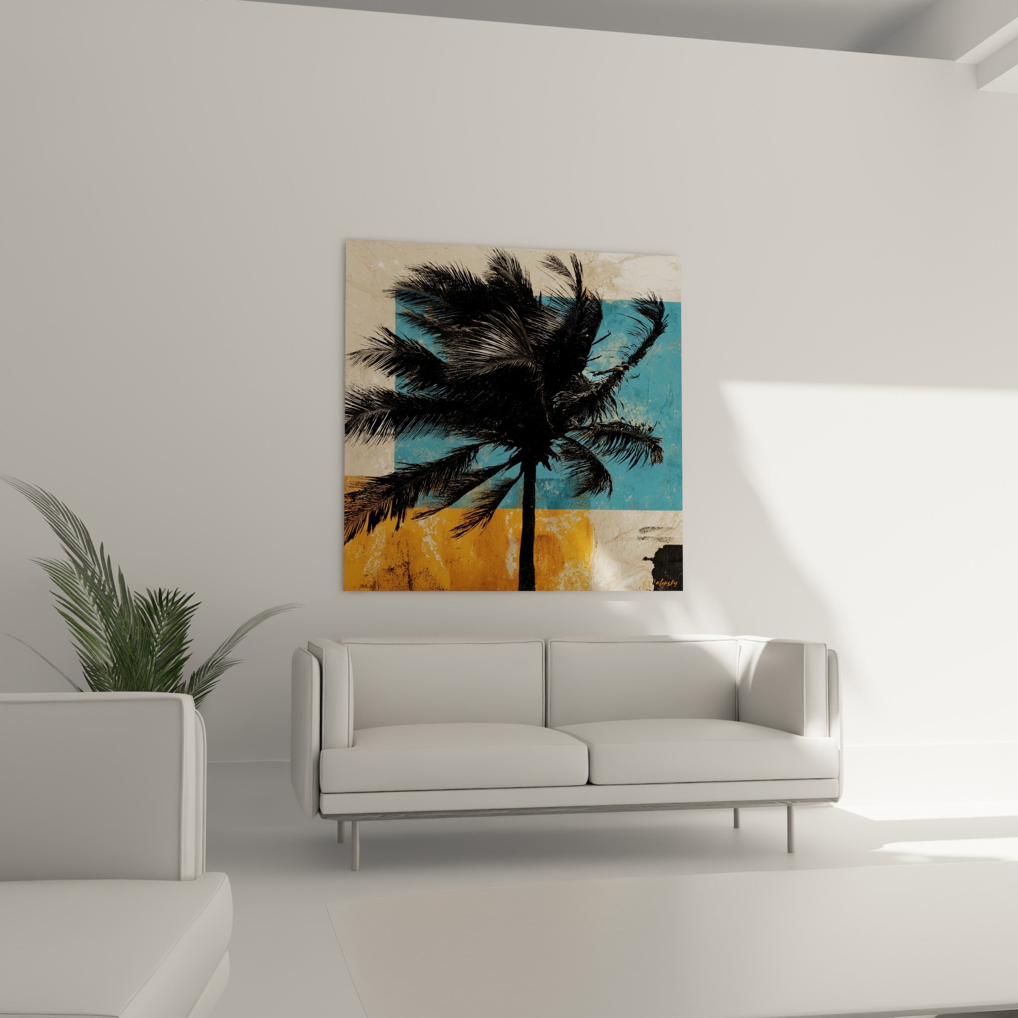 Feuillage sombre de palmier sur fond orange et bleu patiné, au-dessus d'un canapé dans un salon lumineux