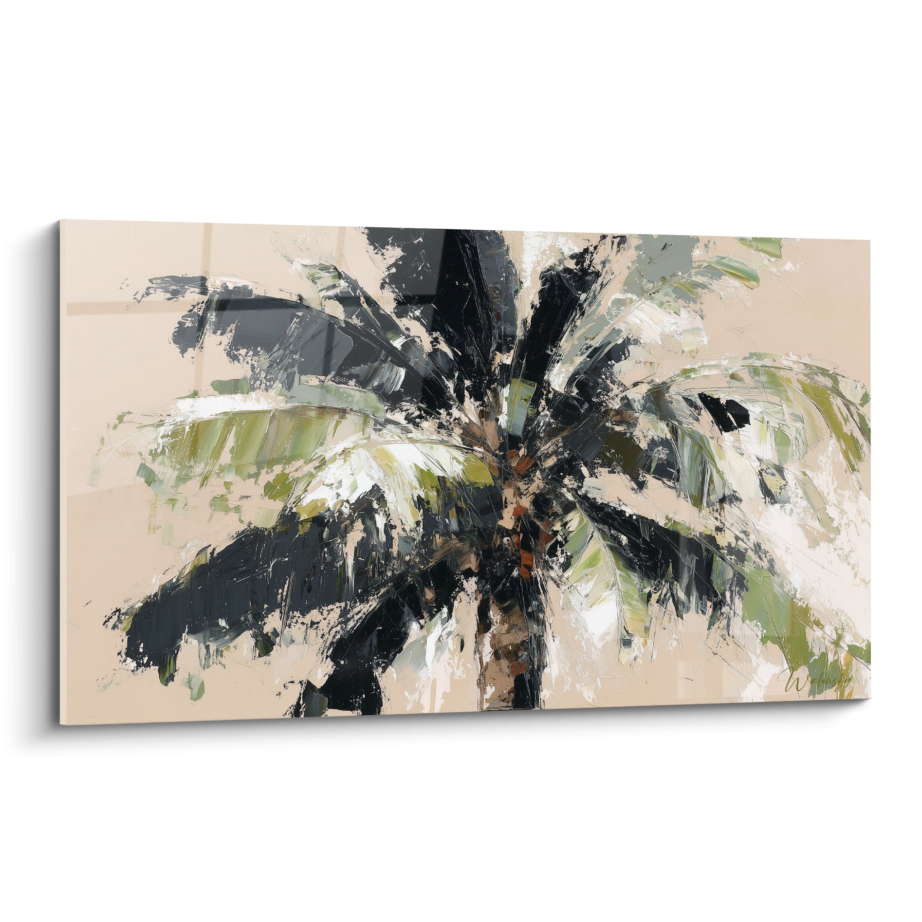 Palmier aux palmes noires et vertes sur fond beige, geste pictural épais et contrasté