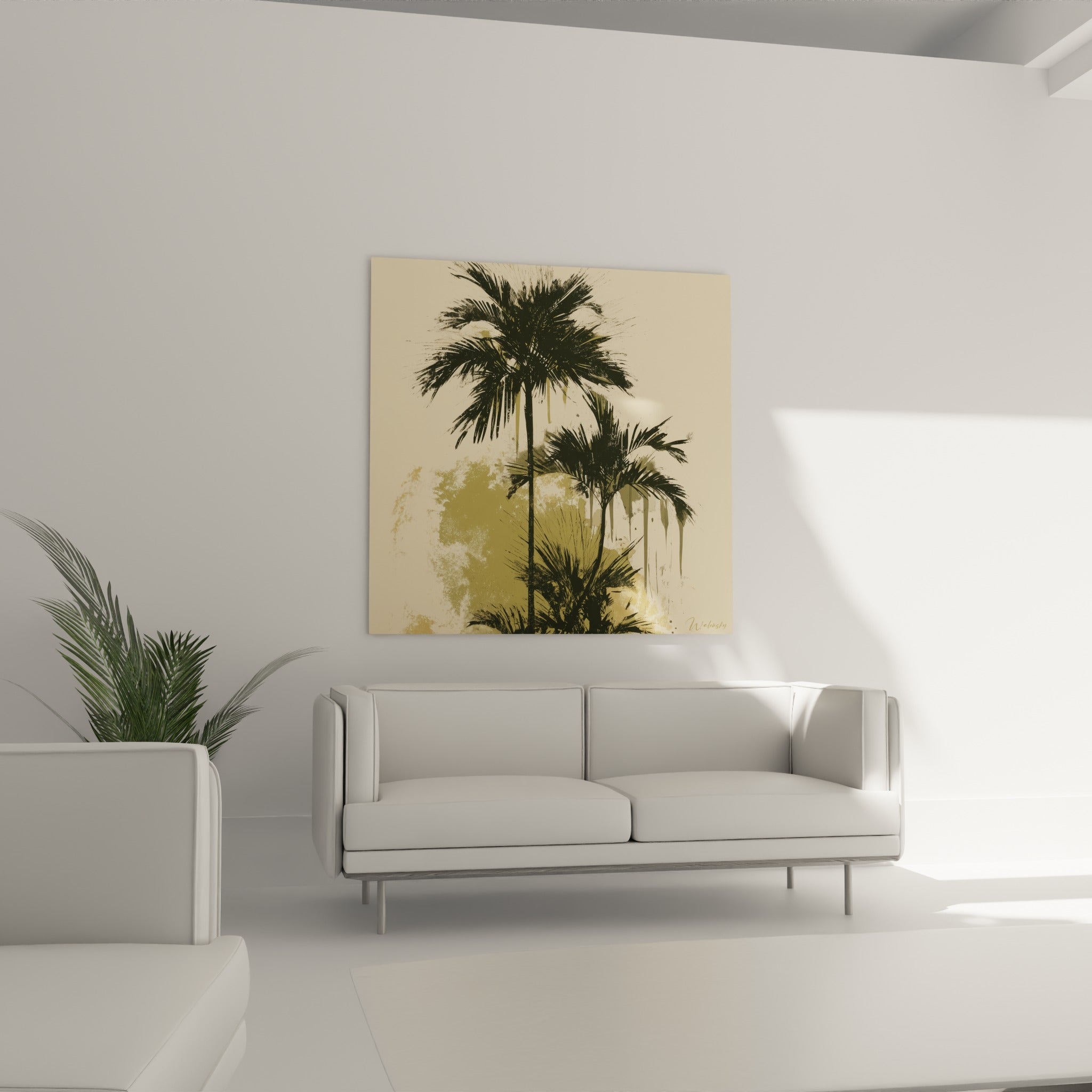 Feuillage de palmiers anthracite sur fond crème disposé au-dessus d'un canapé dans un salon lumineux