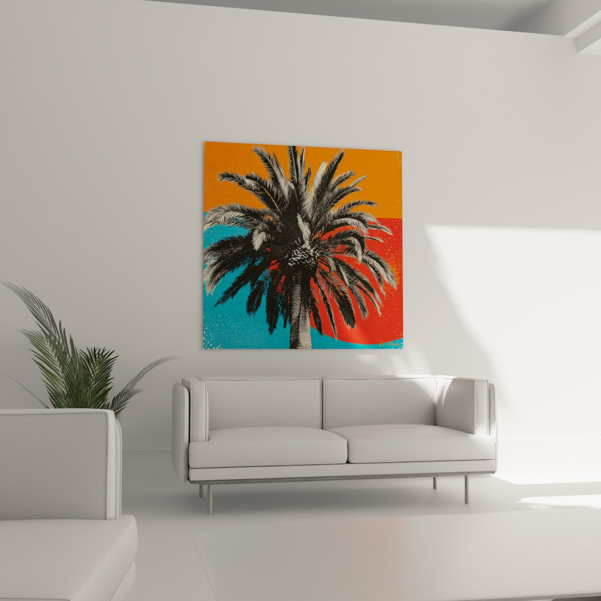 Feuillage de palmier graphique en noir sur fond rouge et bleu, au-dessus d'un canapé dans un salon lumineux