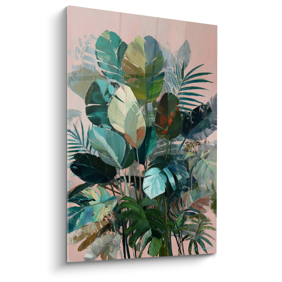 Tableau Feuillage tropical rose et vert - Jungle éclatante - Edition Palmier