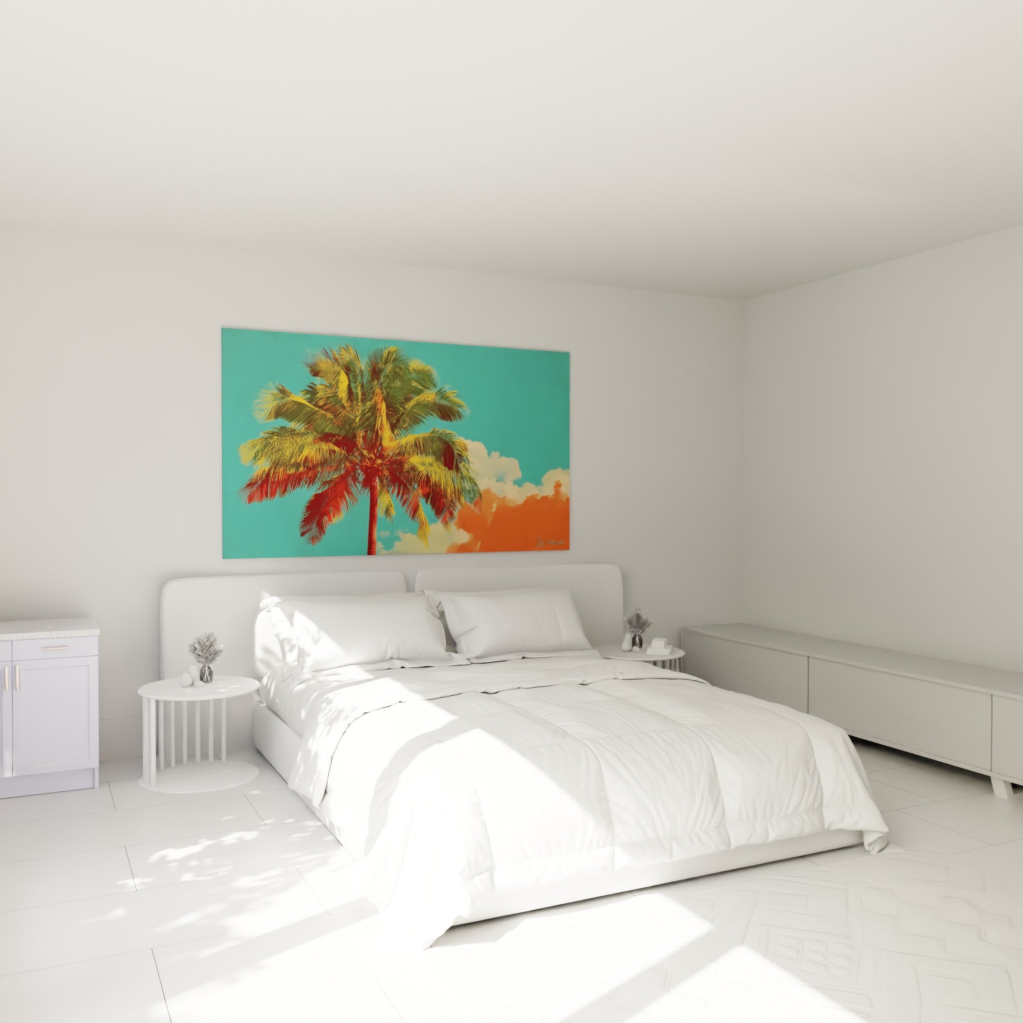 Feuillage tropical rouge et turquoise du palmier accroché au-dessus d'un lit dans une chambre claire