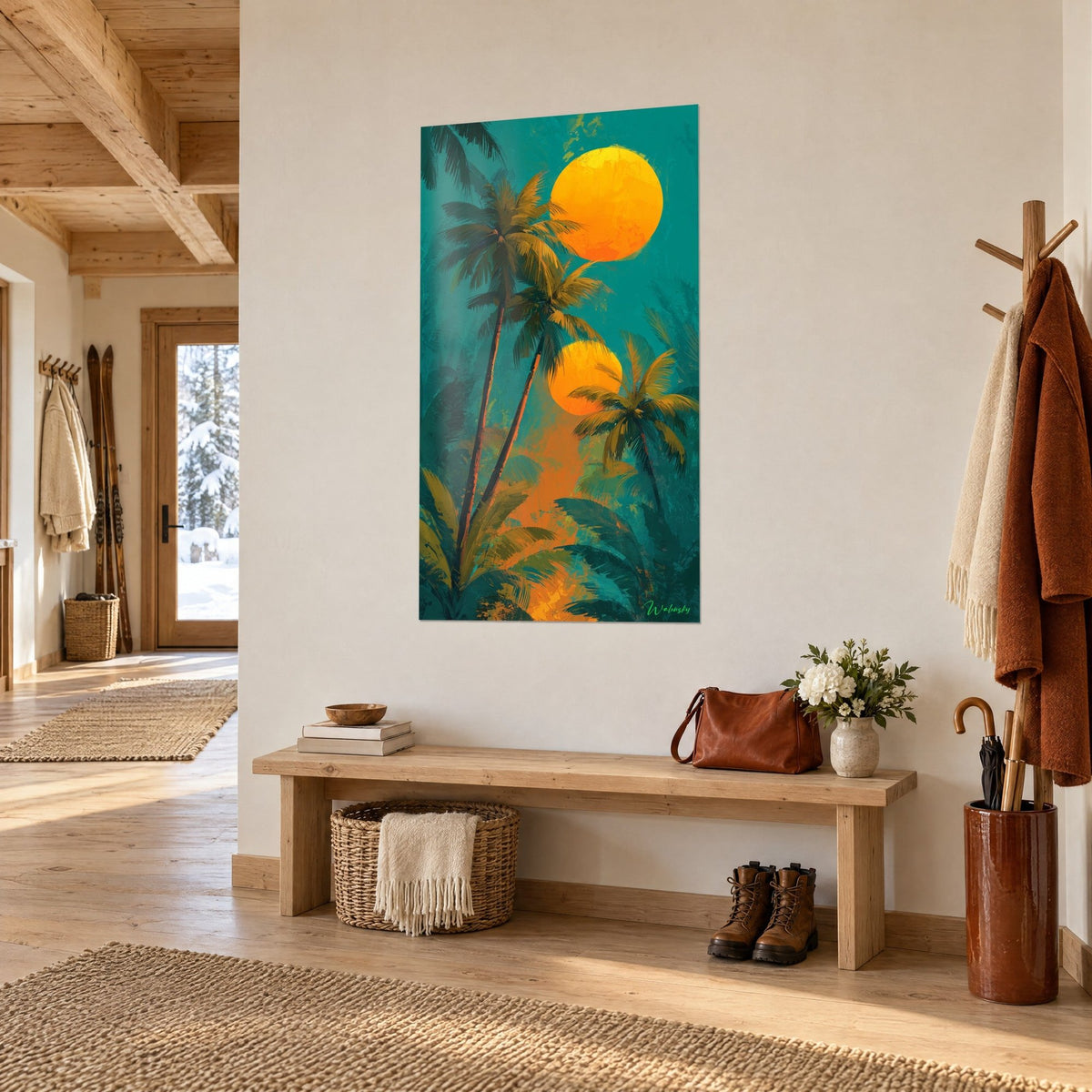 Wall art with a double tropical dusk, olive-green palm fronds and a golden disc on a teal background, wooden bench and coat, chalet entrance