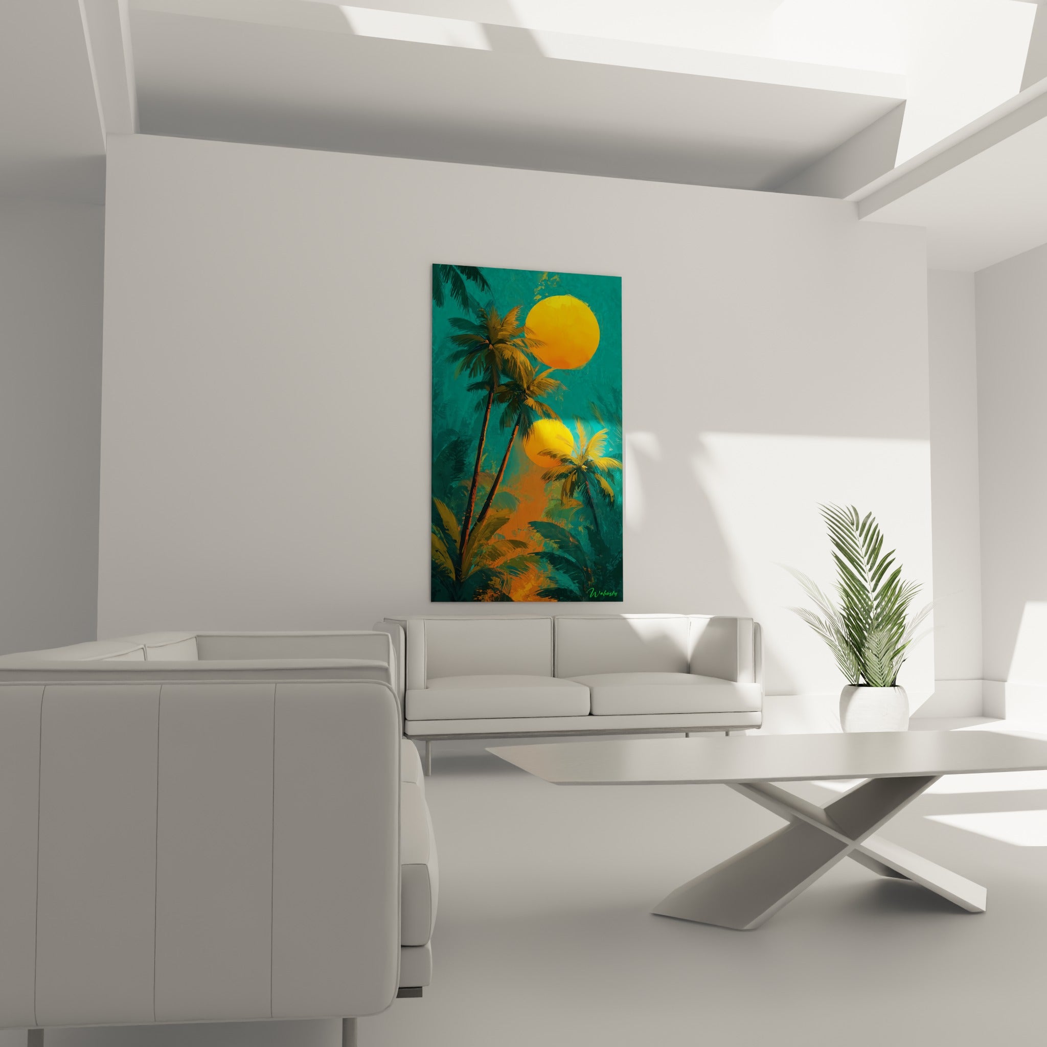 Feuillages verts et soleils dorés en toile de fond au-dessus d'un canapé dans un salon lumineux