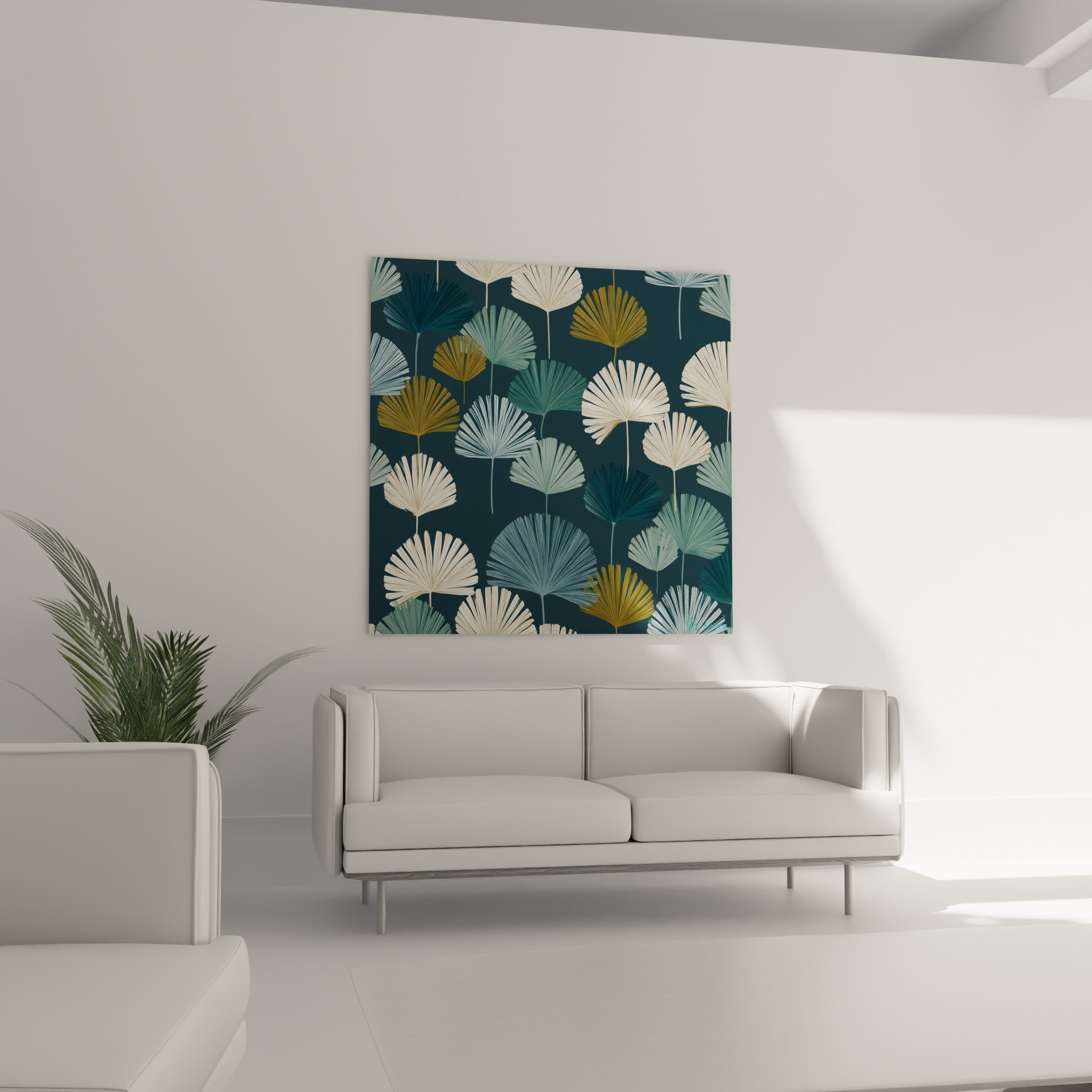 Feuilles Palmier anthracite et ocre accrochées au-dessus d'un canapé dans un salon lumineux