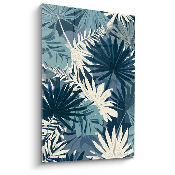 Tableau Feuilles en éventail bleu marine et blanc superposées - Camaïeu monochrome nocturne - Edition Palmier