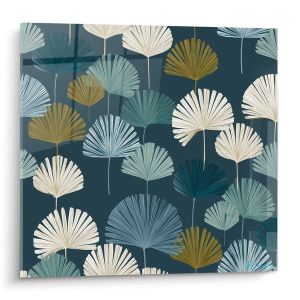 Tableau Feuilles éventail bleu marine et ocre - Jardin foisonnant - Edition Palmier