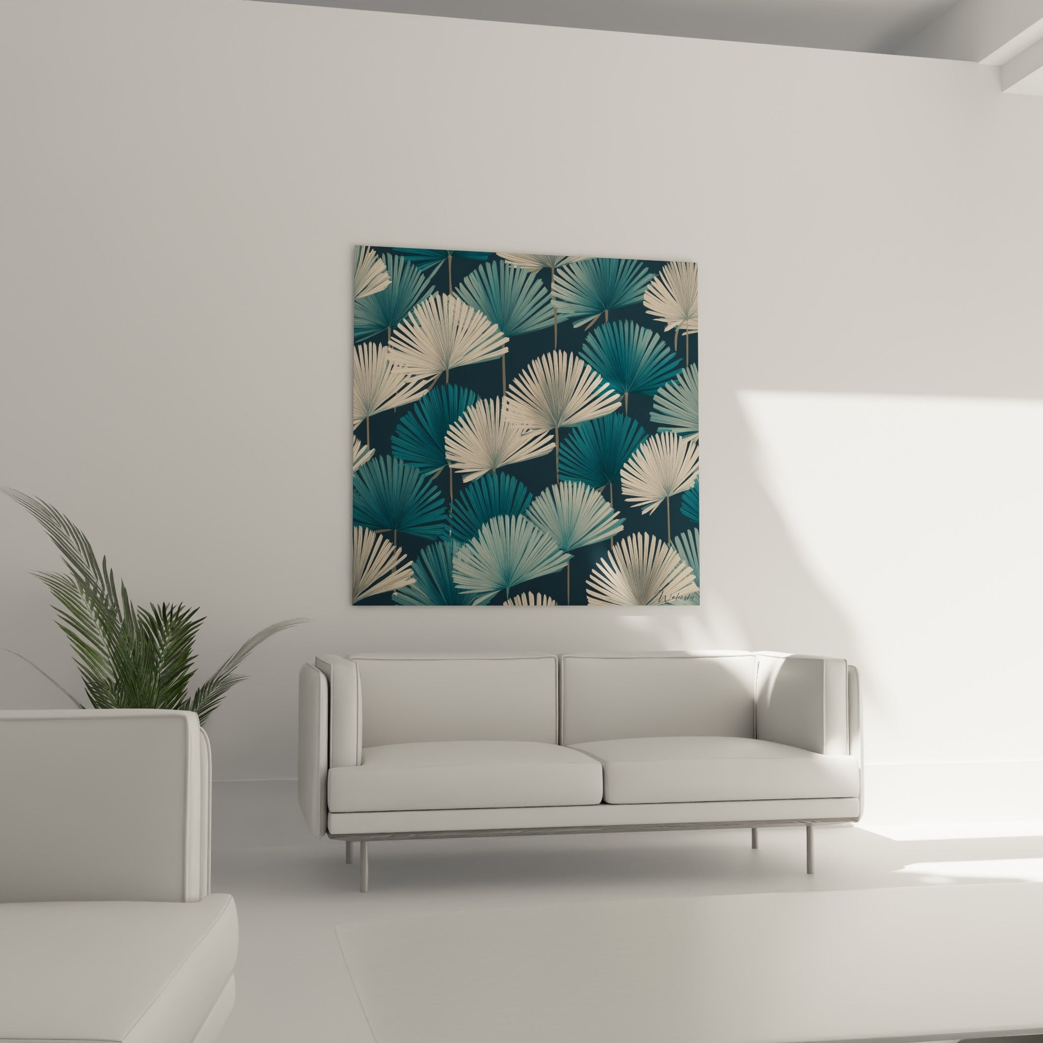 Feuilles de palmier stylisées bleu marine et blanc cassé, au-dessus d'un canapé dans un salon lumineux