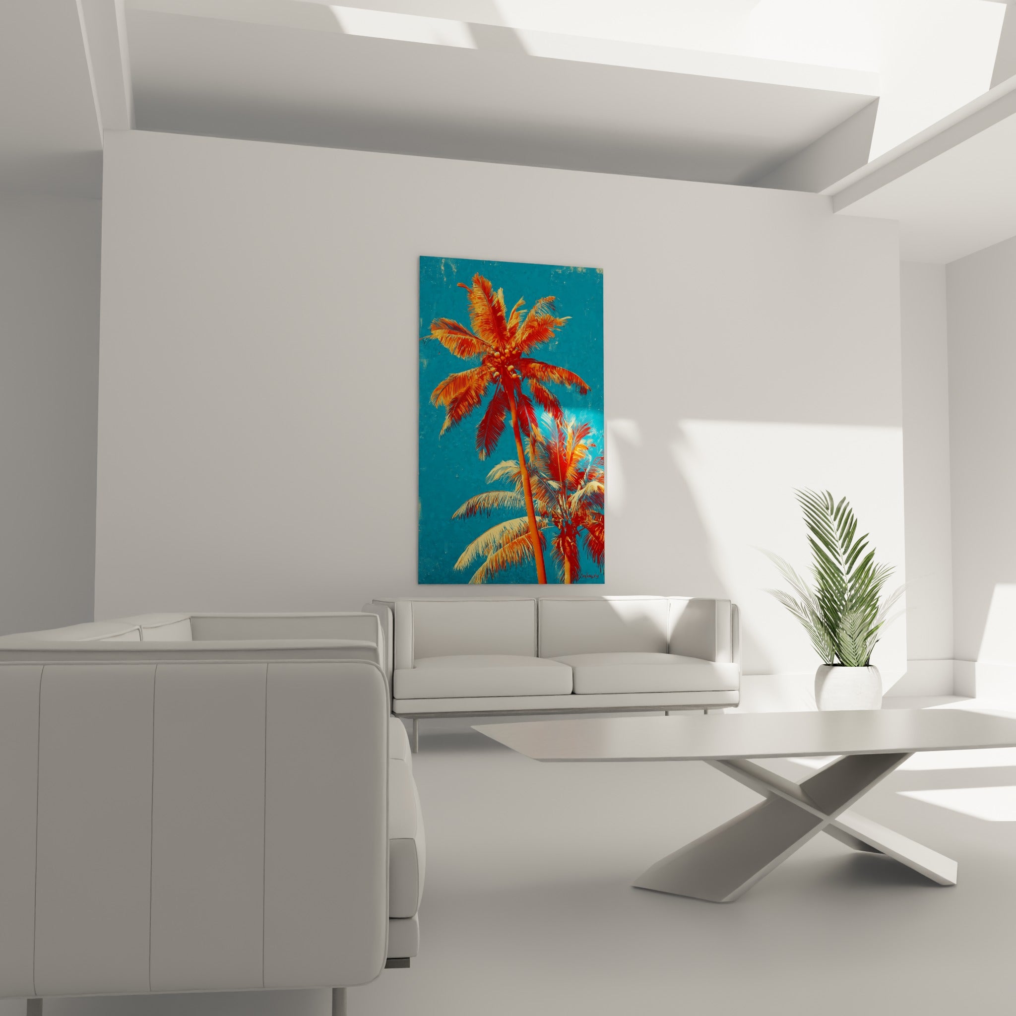 Silhouettes de palmiers rouge et orangé sur bleu sarcelle au-dessus d'un canapé dans un salon lumineux