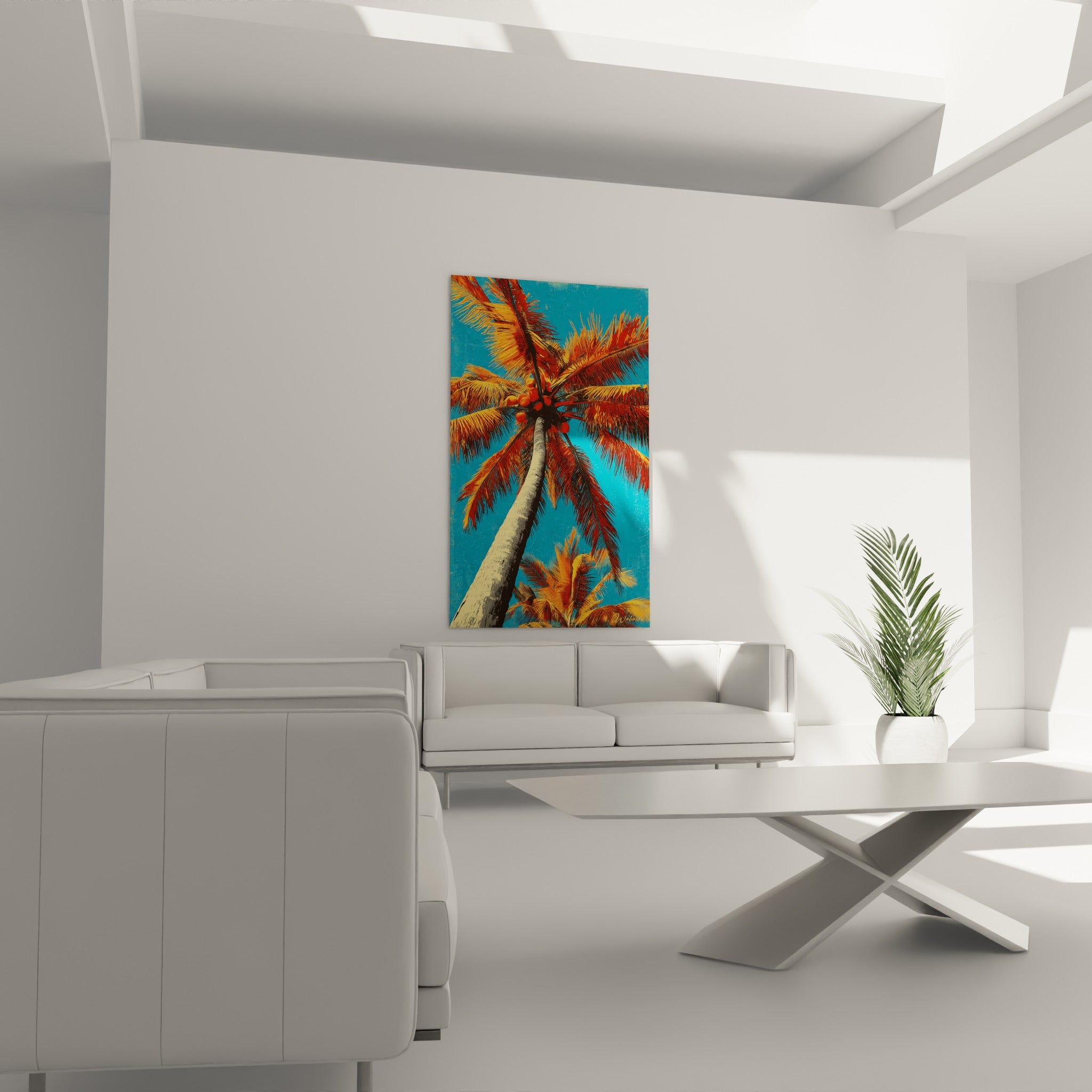 Feuilles de palmier orangées et ciel turquoise intense, tableau placé au-dessus d'un canapé dans un salon lumineux