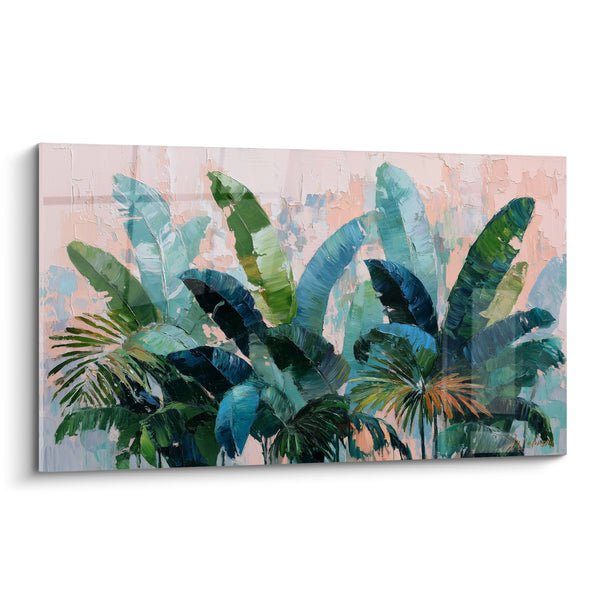 Tableau Feuilles de bananier vert et bleu sur fond rosé - Palme frangée orangée - Edition Palmier