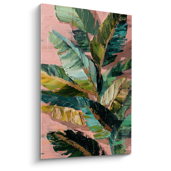 Tableau Feuilles vertes et roses aux nervures dorées - Empâtements épais dorés - Edition Palmier