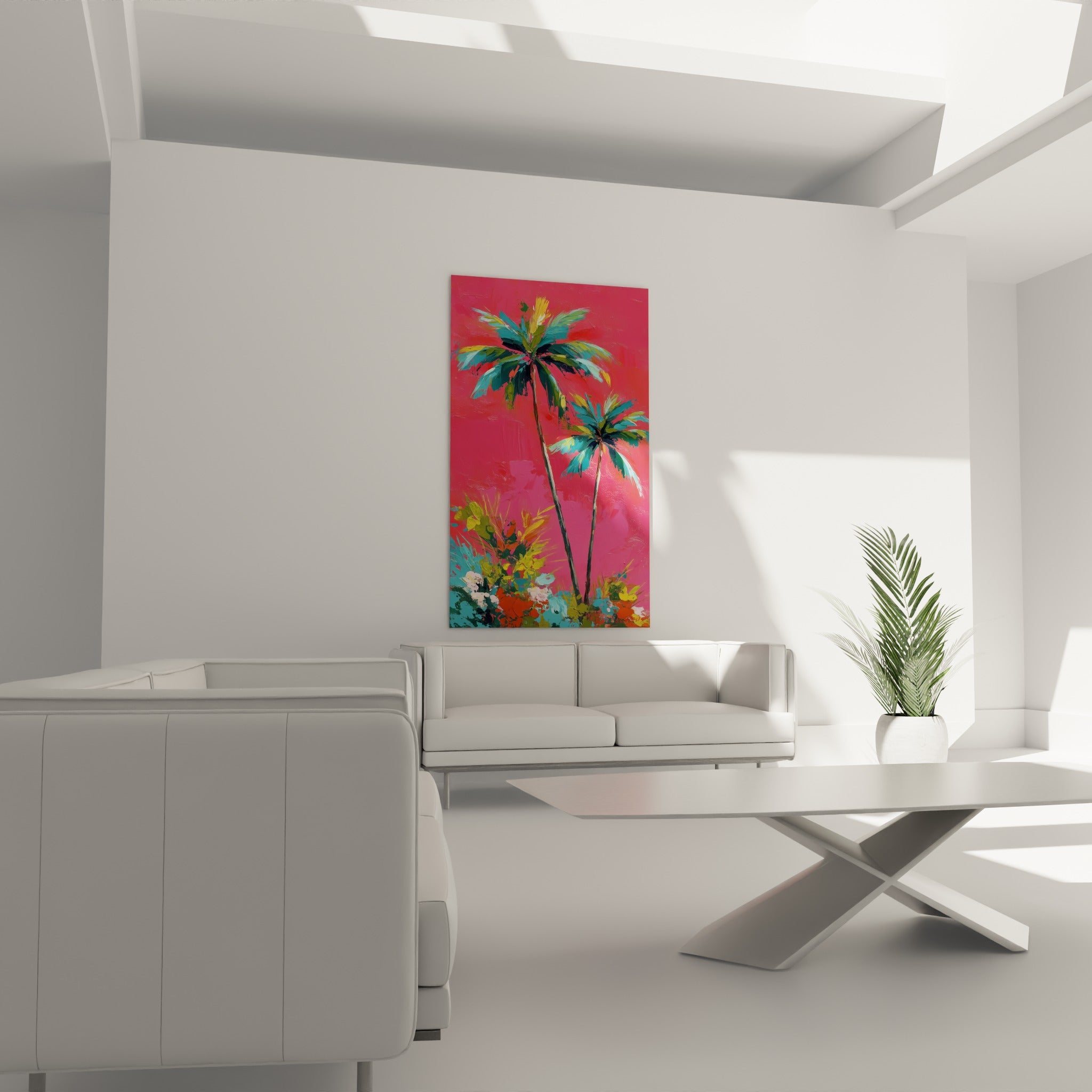 Palmiers fleuris aux tons corail et vert émeraude sur fond fuchsia, au-dessus d'un canapé dans un salon lumineux