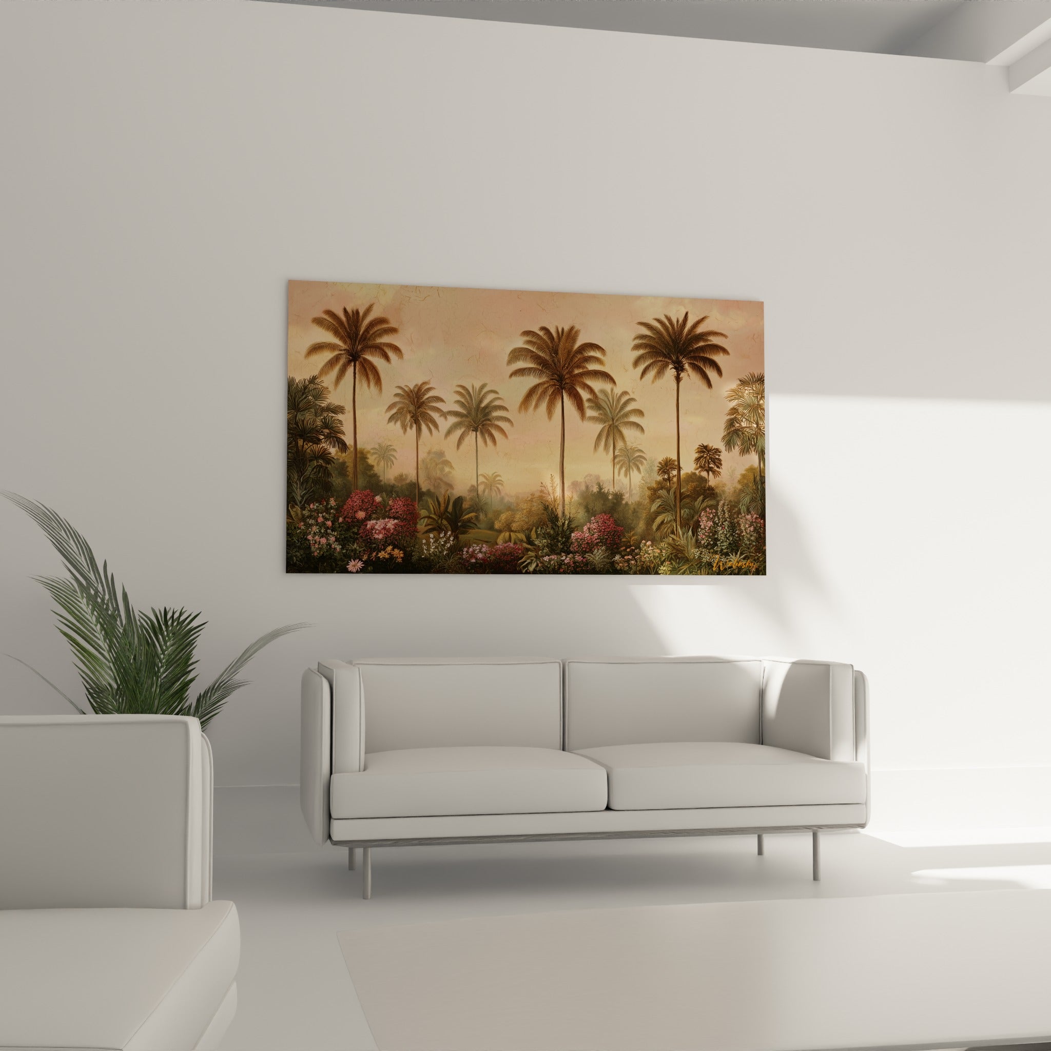 Jardin de palmiers roses et dorés composé, au-dessus d'un canapé dans un salon lumineux