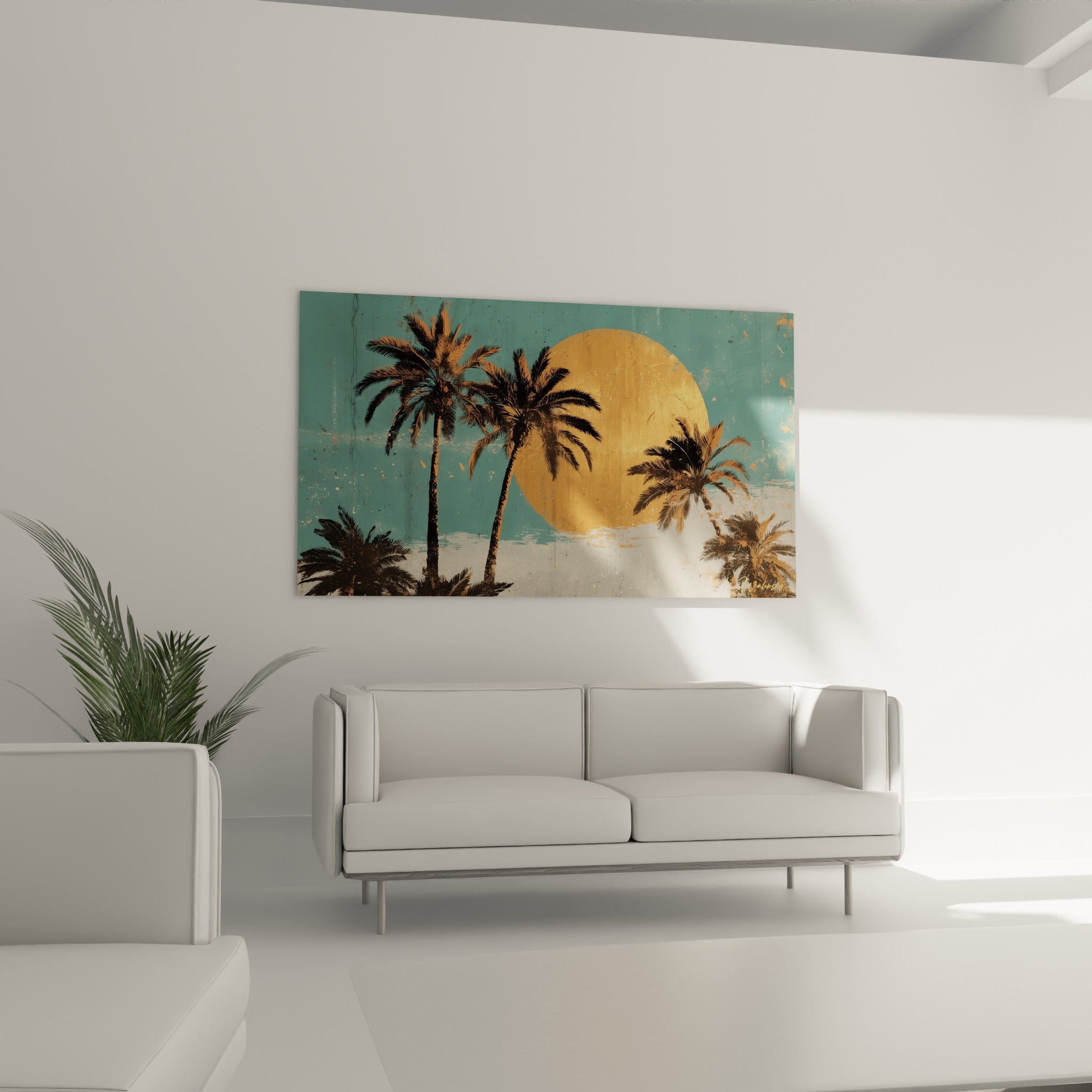 Composition tropicale turquoise et ocre représentant des palmiers au-dessus d'un canapé dans un salon lumineux