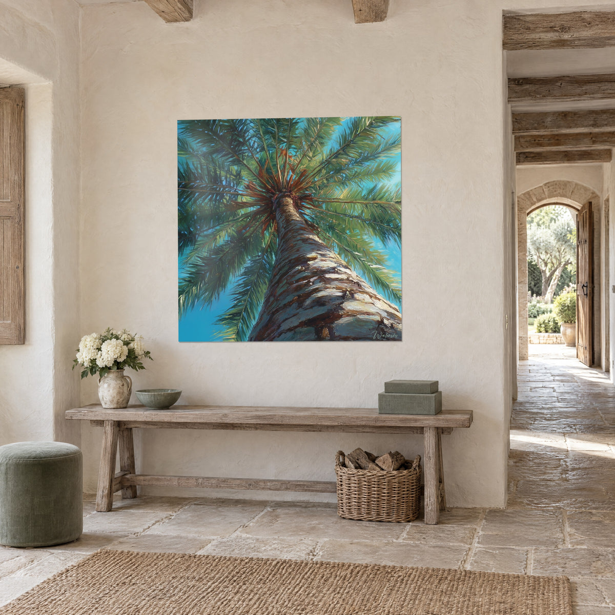 Wall art date palm in low-angle view, rough beige and russet trunk, emerald fronds against vivid blue, in a stone hallway