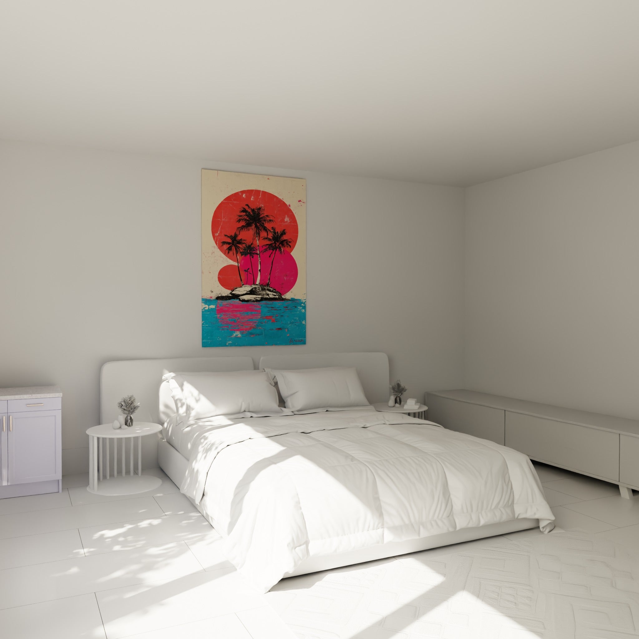 Îlot aux palmiers sombres et cercles roses accroché au-dessus d'un lit dans une chambre claire