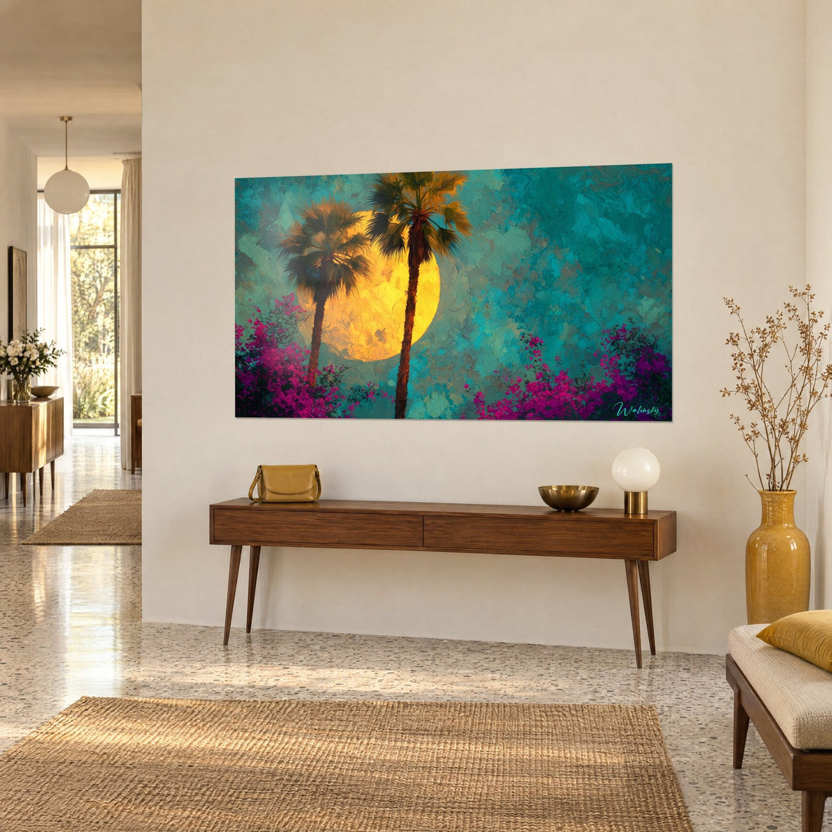 Wall art ochre golden moon framed by two slender trunks and purple bougainvillea, three-quarter view on a cream wall