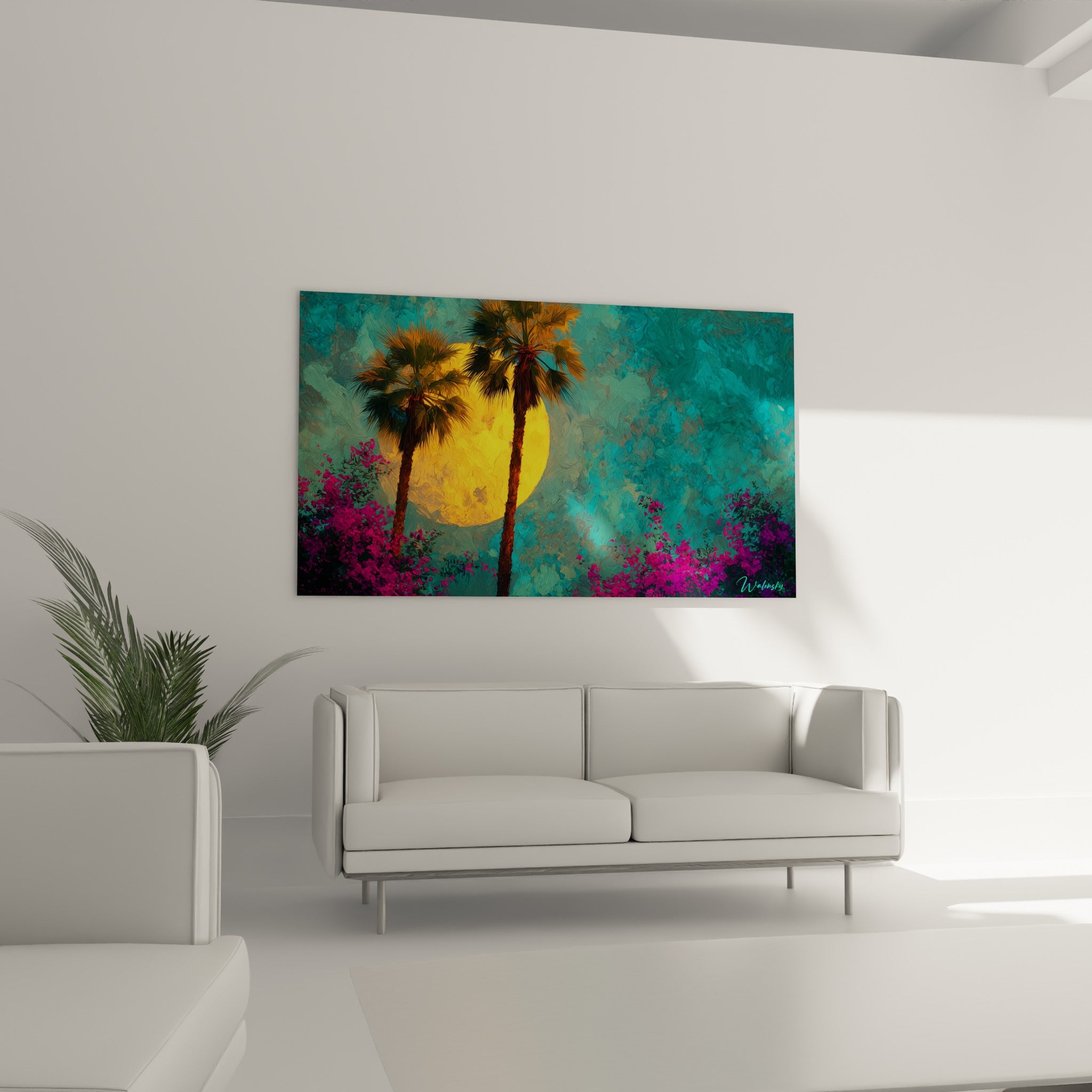 Bougainvillées fuchsia et palmiers dorés illuminant une toile au-dessus d'un canapé dans un salon lumineux