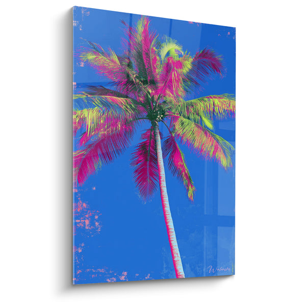 Tableau Palmier fuchsia et jaune fluo sur ciel bleu électrique - Tronc blanc élancé - Edition Palmier