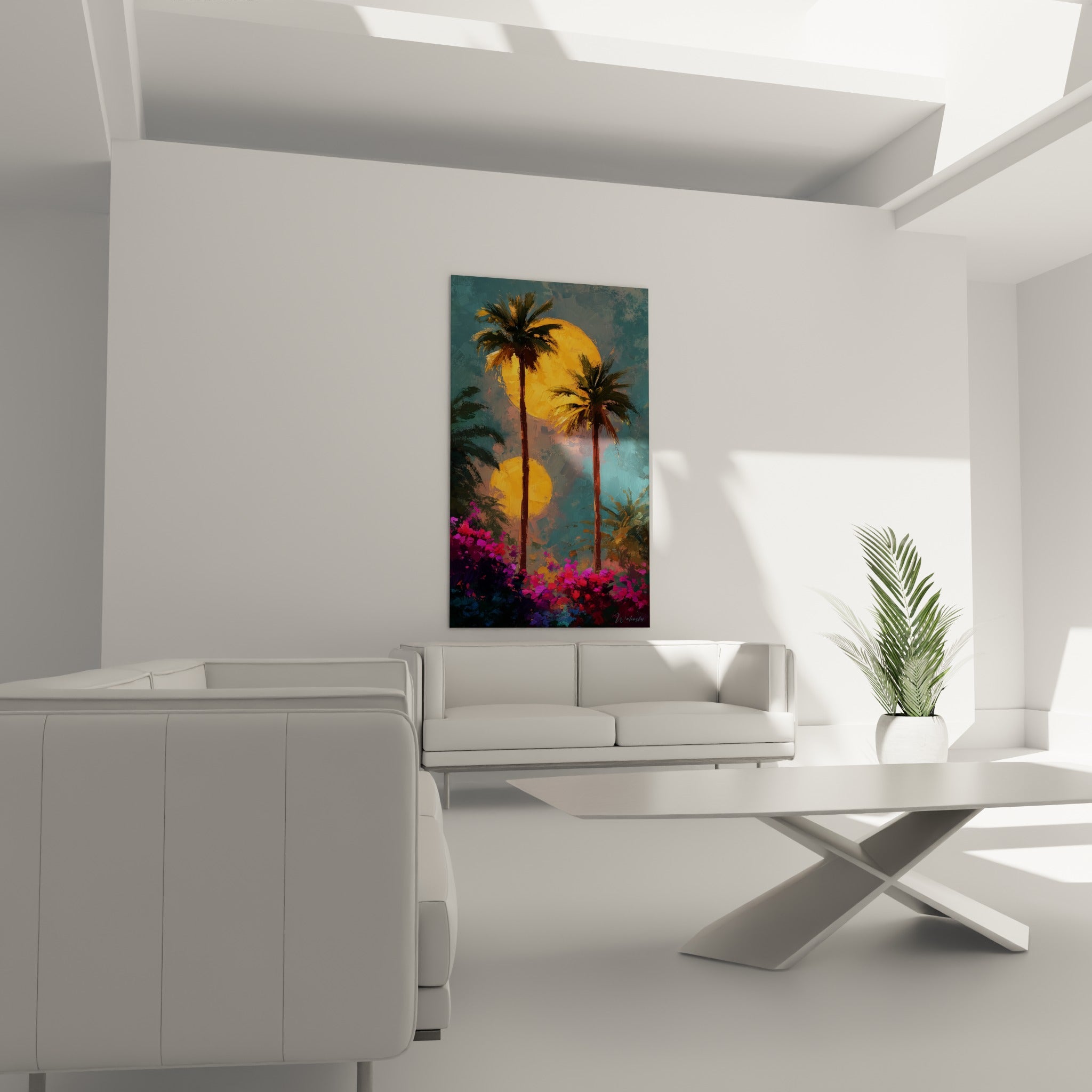 Palmiers bruns et soleils dorés surplombant des fleurs violettes, accrochés au-dessus d'un canapé dans un salon lumineux