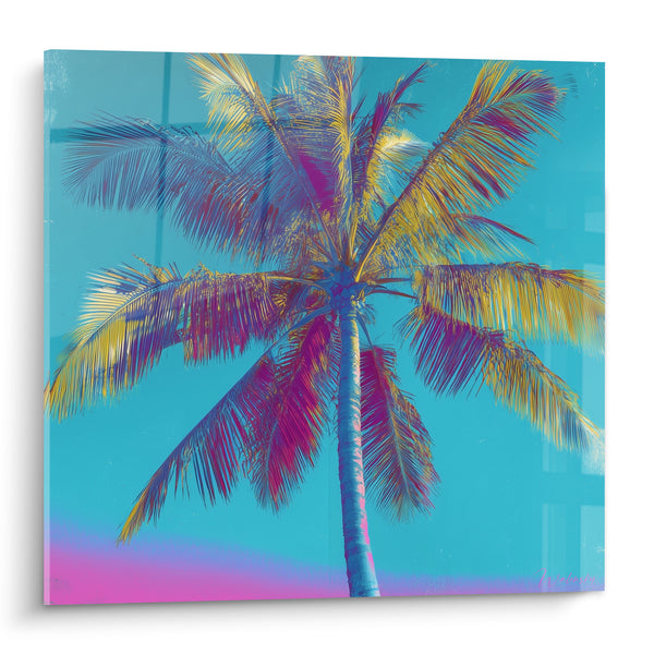 Tableau Palmier turquoise et magenta vu du sol - Horizon dégradé rose - Edition Palmier