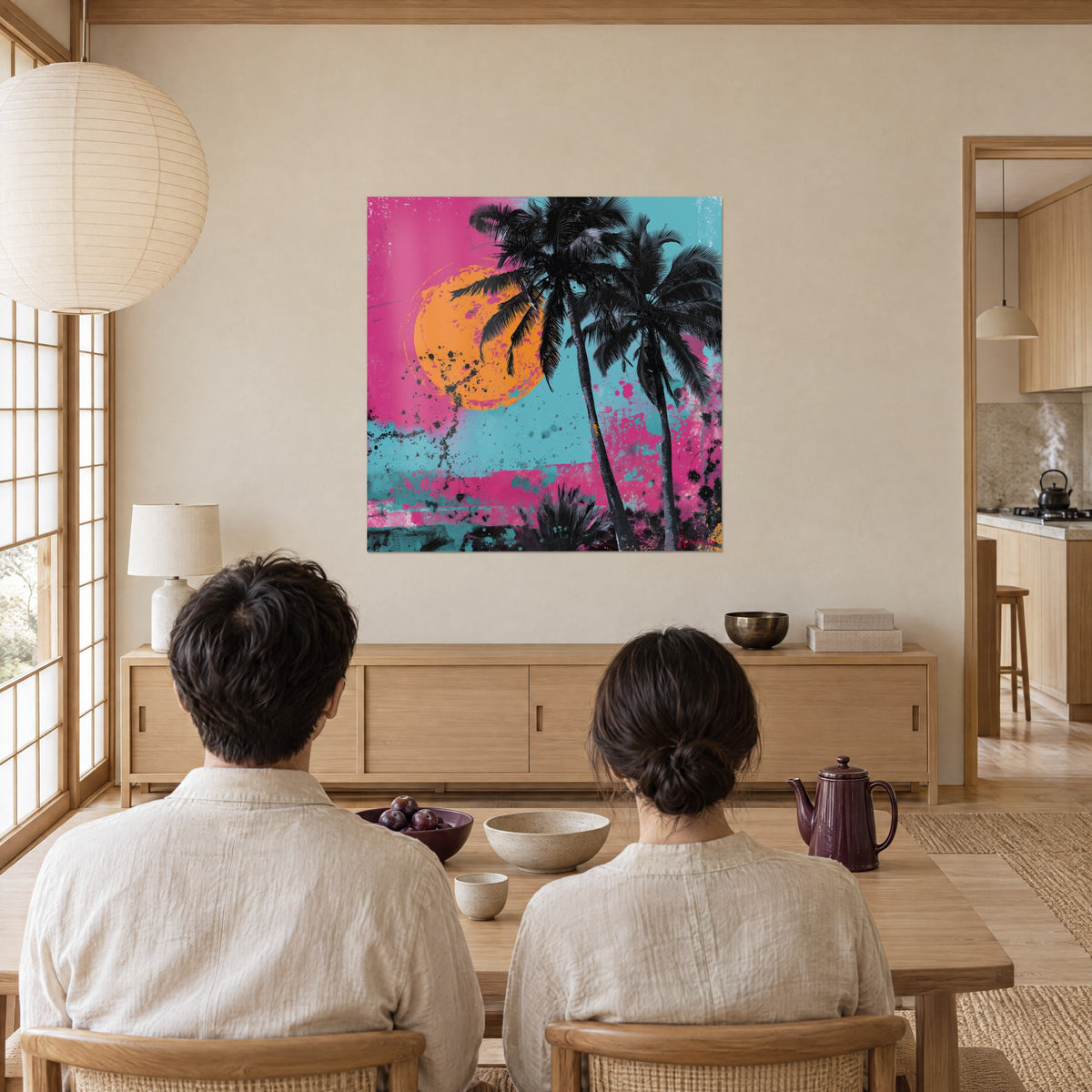 Cuadro de sol naranja moteado detrás de dos palmeras de tinta, fondo rosa vivo y azul turquesa, contemplado por una pareja de espaldas a la mesa de un salón japandi
