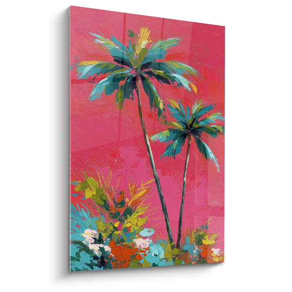 Tableau Palmiers turquoise et jaune sur fond fuchsia - Buisson fleuri coloré - Edition Palmier