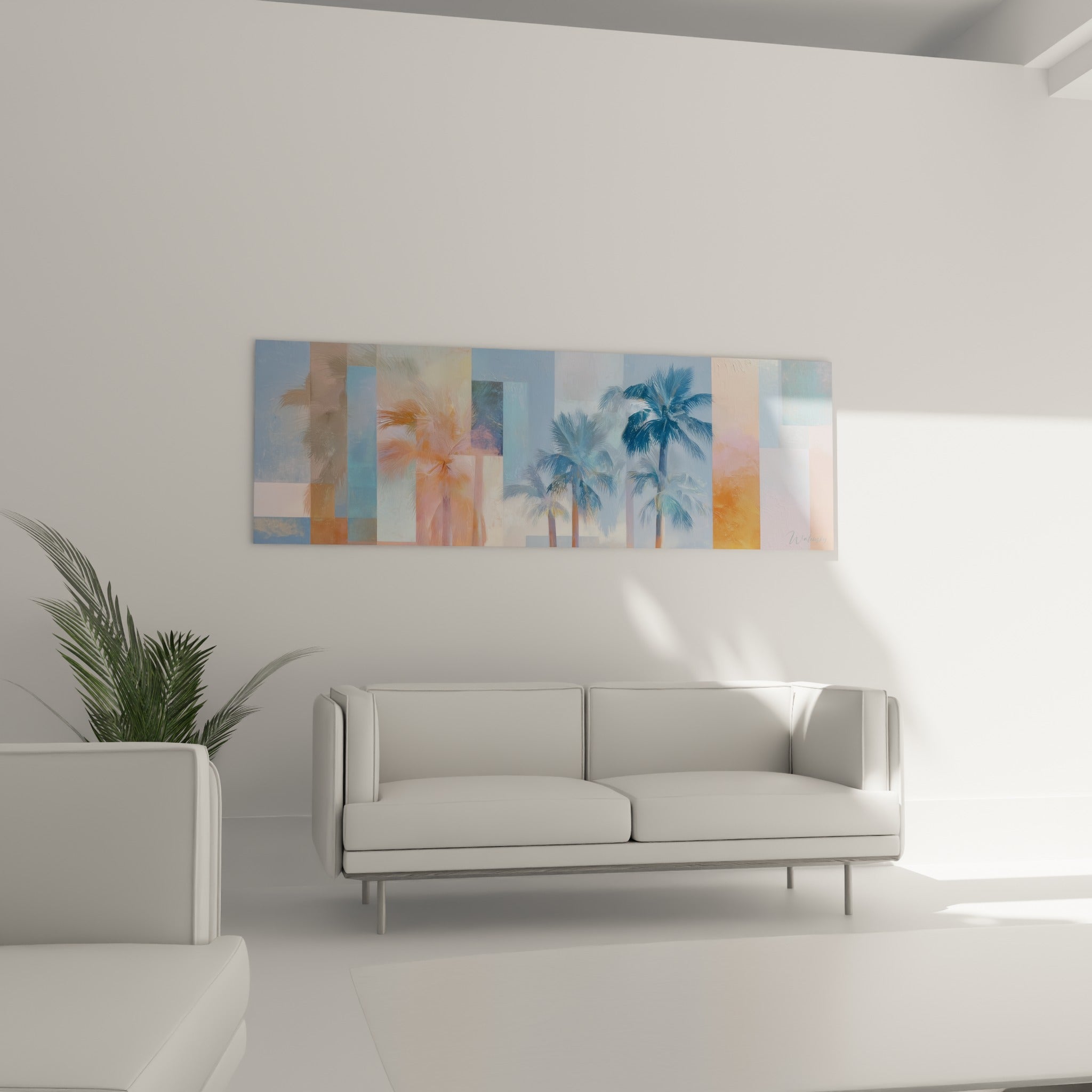 Palmiers graphiques bleu poudré et terracotta au-dessus d'un canapé dans un salon lumineux