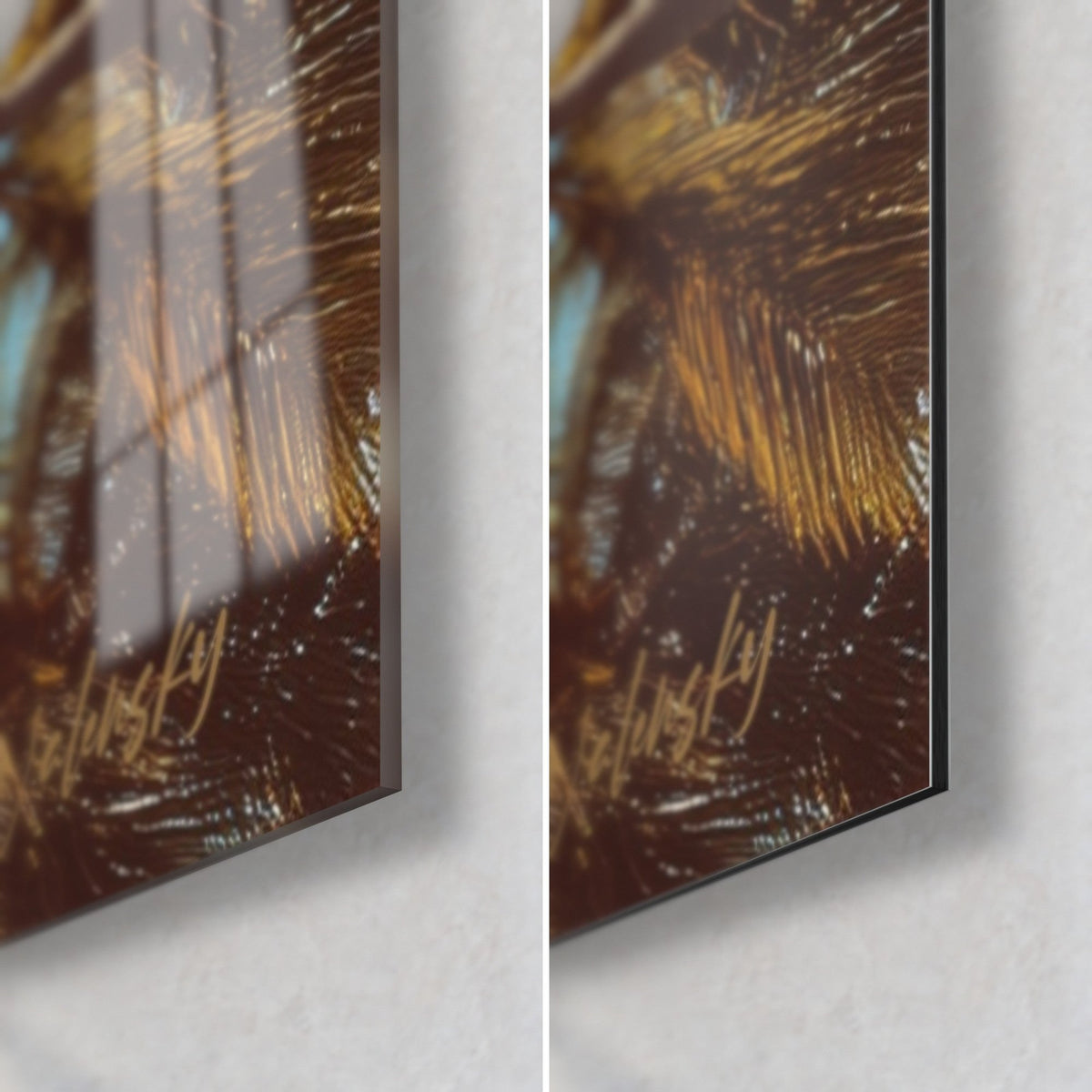 Wall art golden palm fronds on a turquoise background, bottom right corner: glossy acrylic glass and matte Dibond aluminium, 3 mm edge