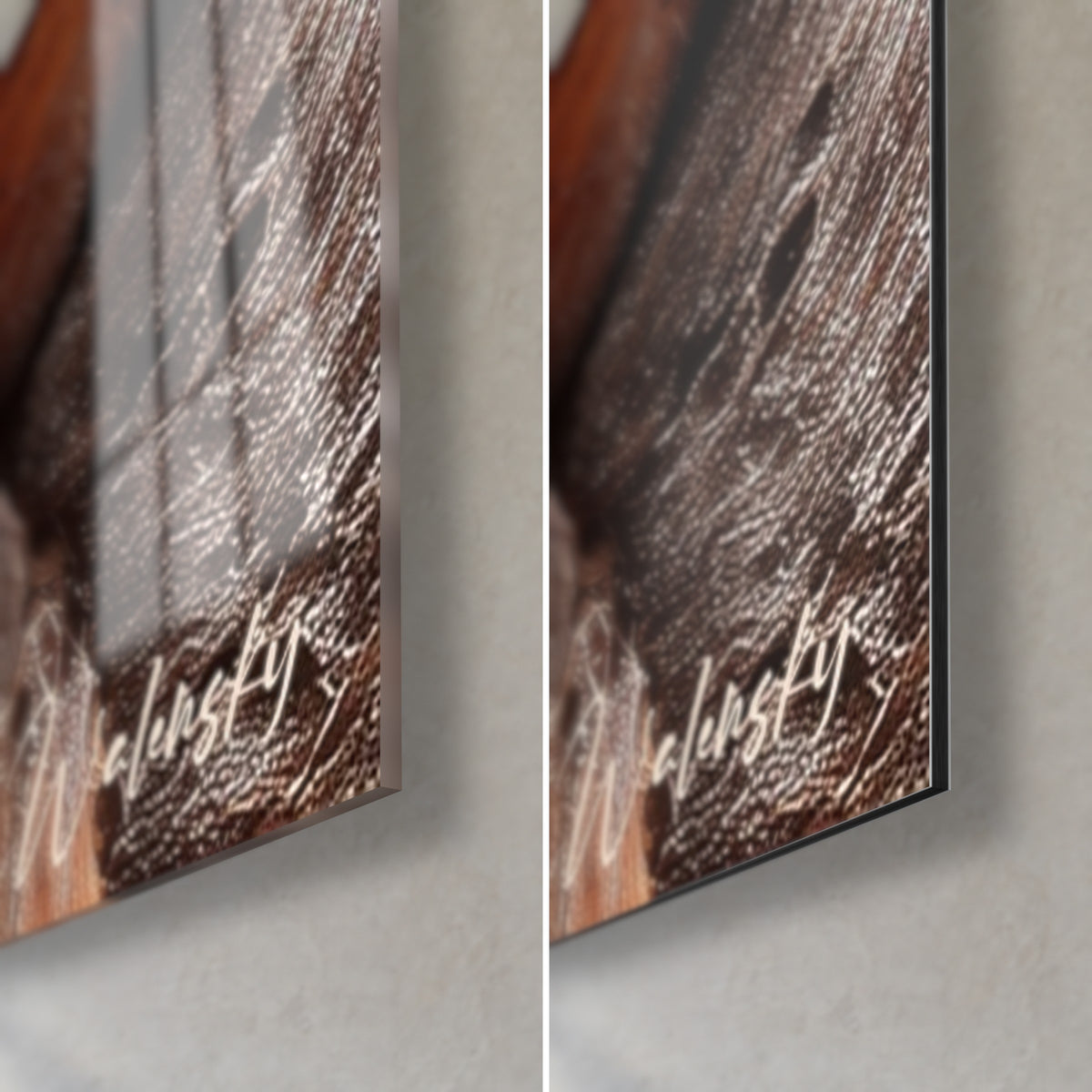Gemälde Palmenschuppen in Braun und Beige, untere rechte Ecke: glänzendes Acrylglas links, mattes Dibond rechts, 3 mm Kante