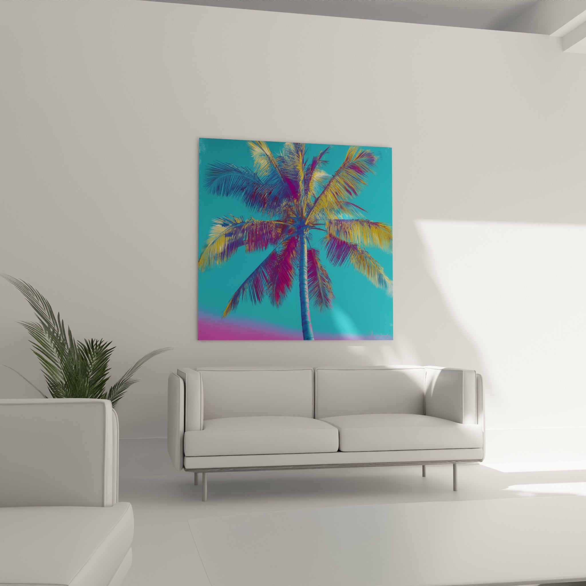 Silhouette du Palmier aux teintes fuchsia et turquoise placée au-dessus d'un canapé dans un salon lumineux
