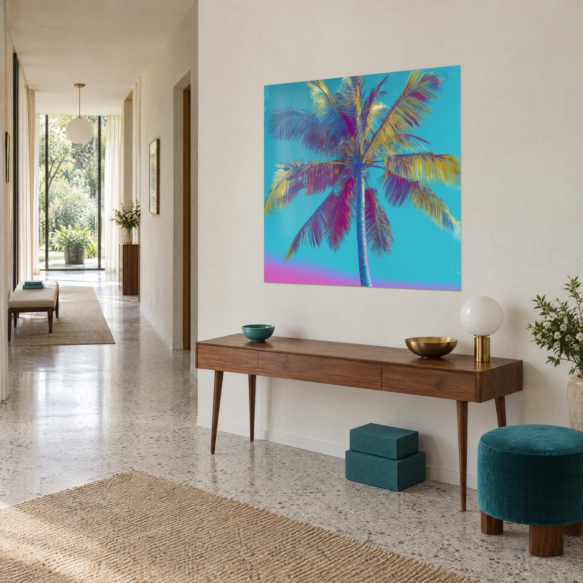 Cuadro cocotero en contrapicado, palmas ocre y violetas sobre fondo turquesa, pared crema de un recibidor de los años 50