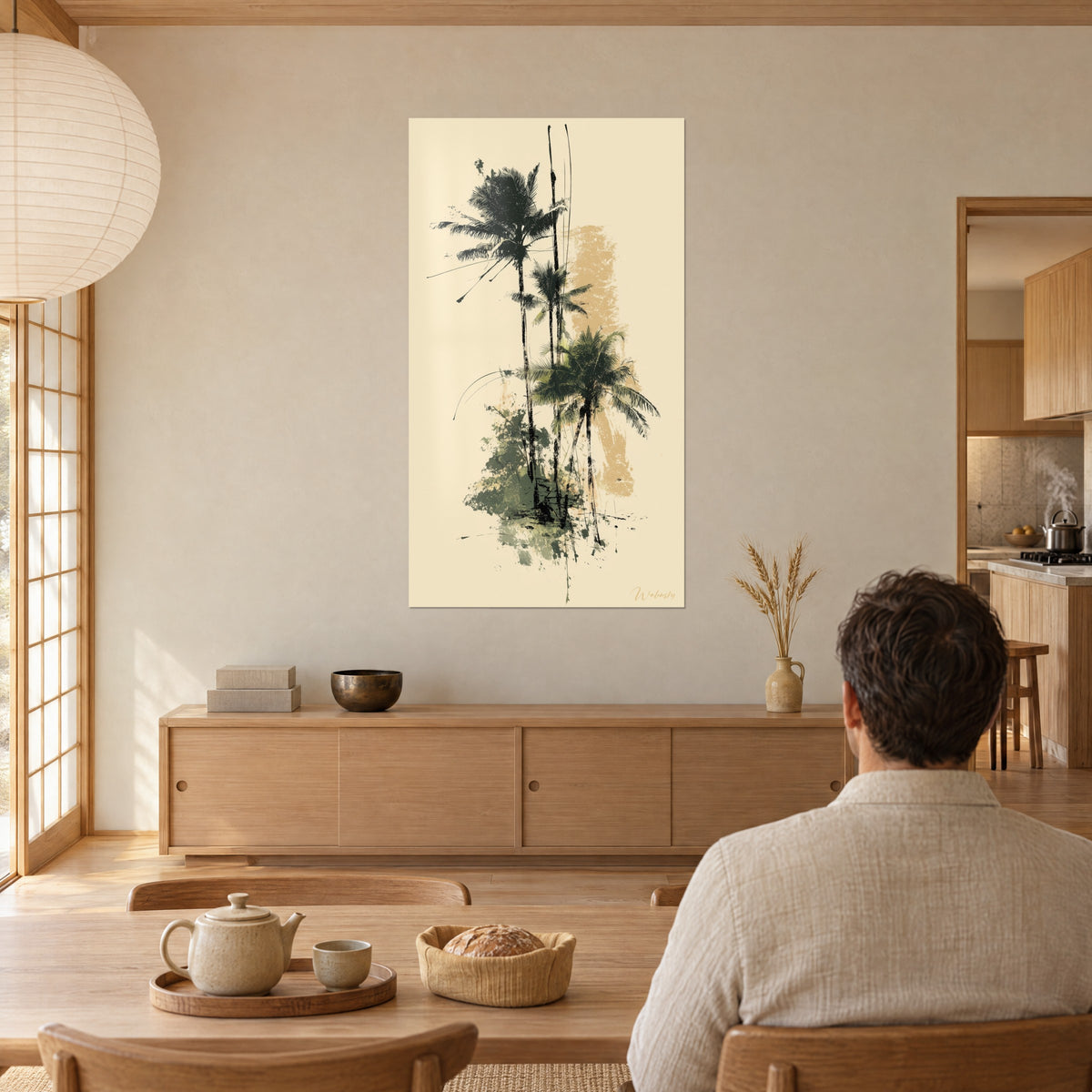Tableau bosquet de palmiers calligraphiés, feuillage vert olive en taches, traits fins verticaux, vu par un homme de dos attablé près d'un buffet