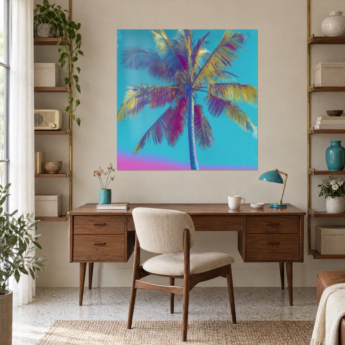 Cuadro palmera solitaria ante un horizonte rosa degradado, cielo turquesa y palmas violetas, encima de un escritorio de madera