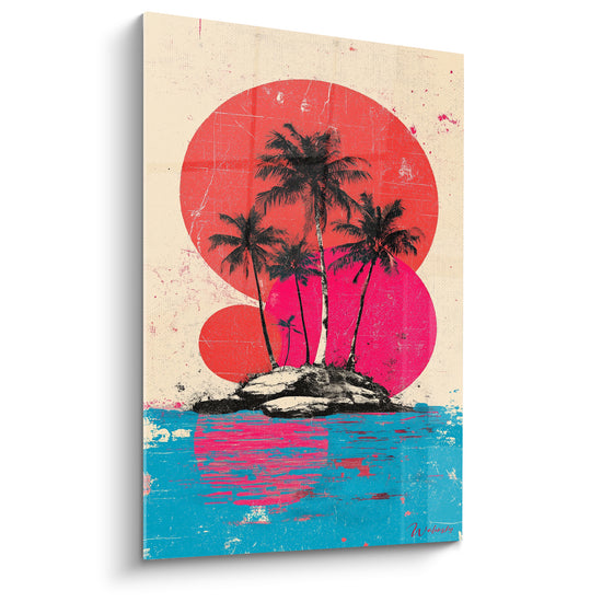 Tableau Îlot de palmiers sur cercles rose et corail - Évasion insulaire - Edition Palmier