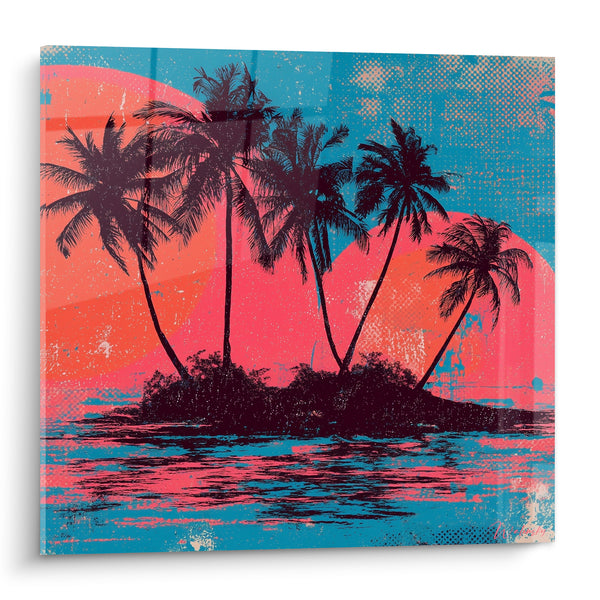 Tableau Îlot de palmiers rose et bleu texturé - Mirage tropical - Edition Palmier