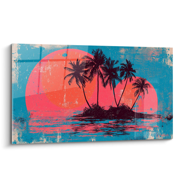 Tableau Îlot silhouette bleu et corail texturé - Escale au couchant - Edition Palmier