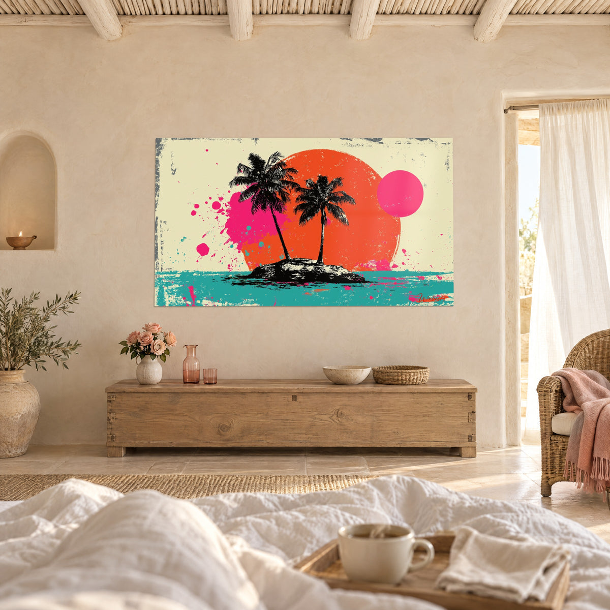 Wall art pop-art landscape of an island with two palm trees, orange and fuchsia disc, turquoise sea, above a bed in a bright bedroom