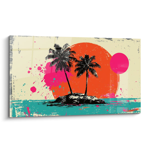 Tableau Îlot silhouetté disque orange et éclaboussures roses - Éclat tropical urbain - Edition Palmier