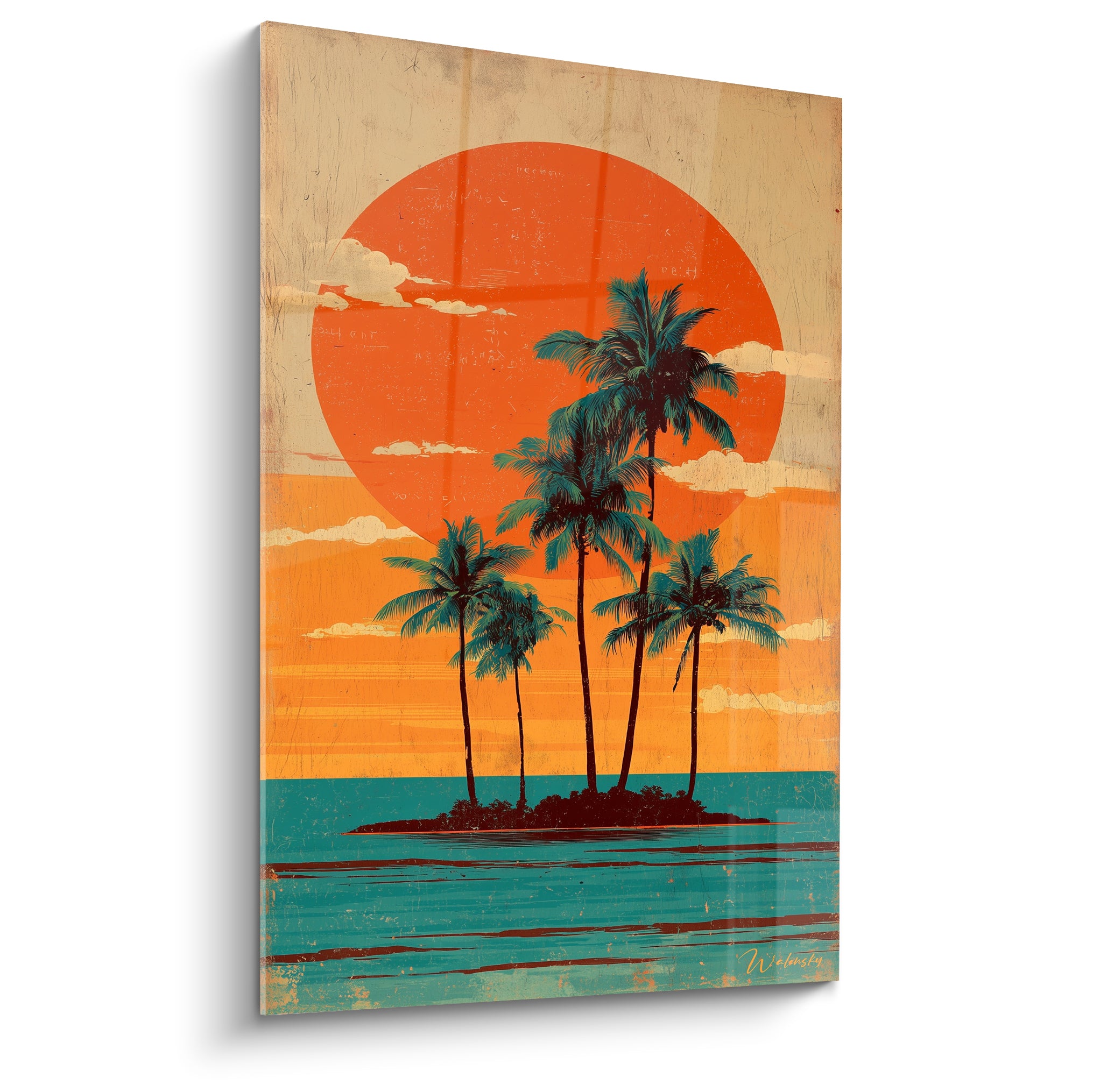 Îlot de palmiers noirs sous un soleil orange géant sur fond beige texturé rétro